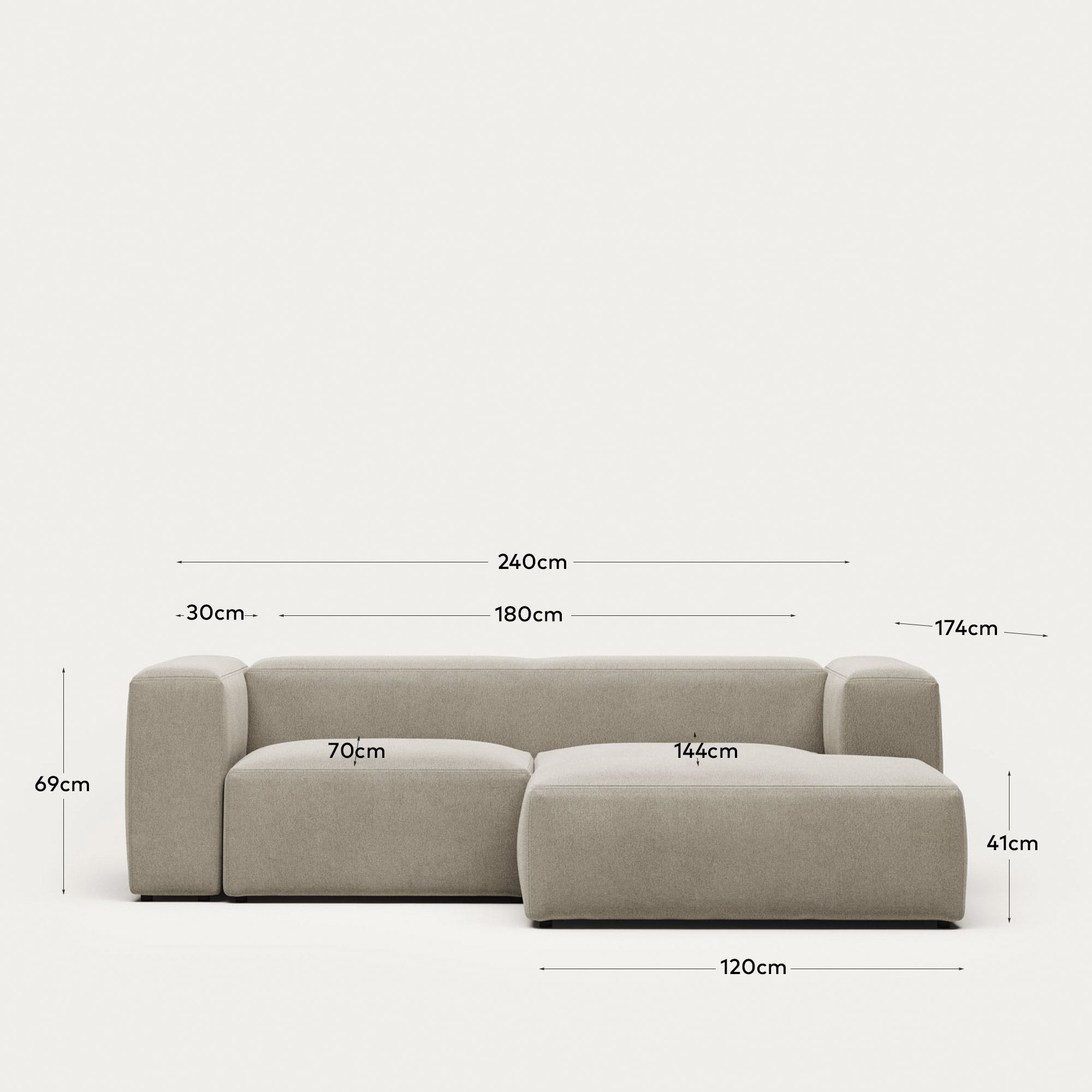 2-Sitzer-Sofa Blok mit Chaiselongue rechts, schwer entflammbar mit beiger Chenille, 240 cm in Beige präsentiert im Onlineshop von KAQTU Design AG. 2er Sofa ist von Kave Home