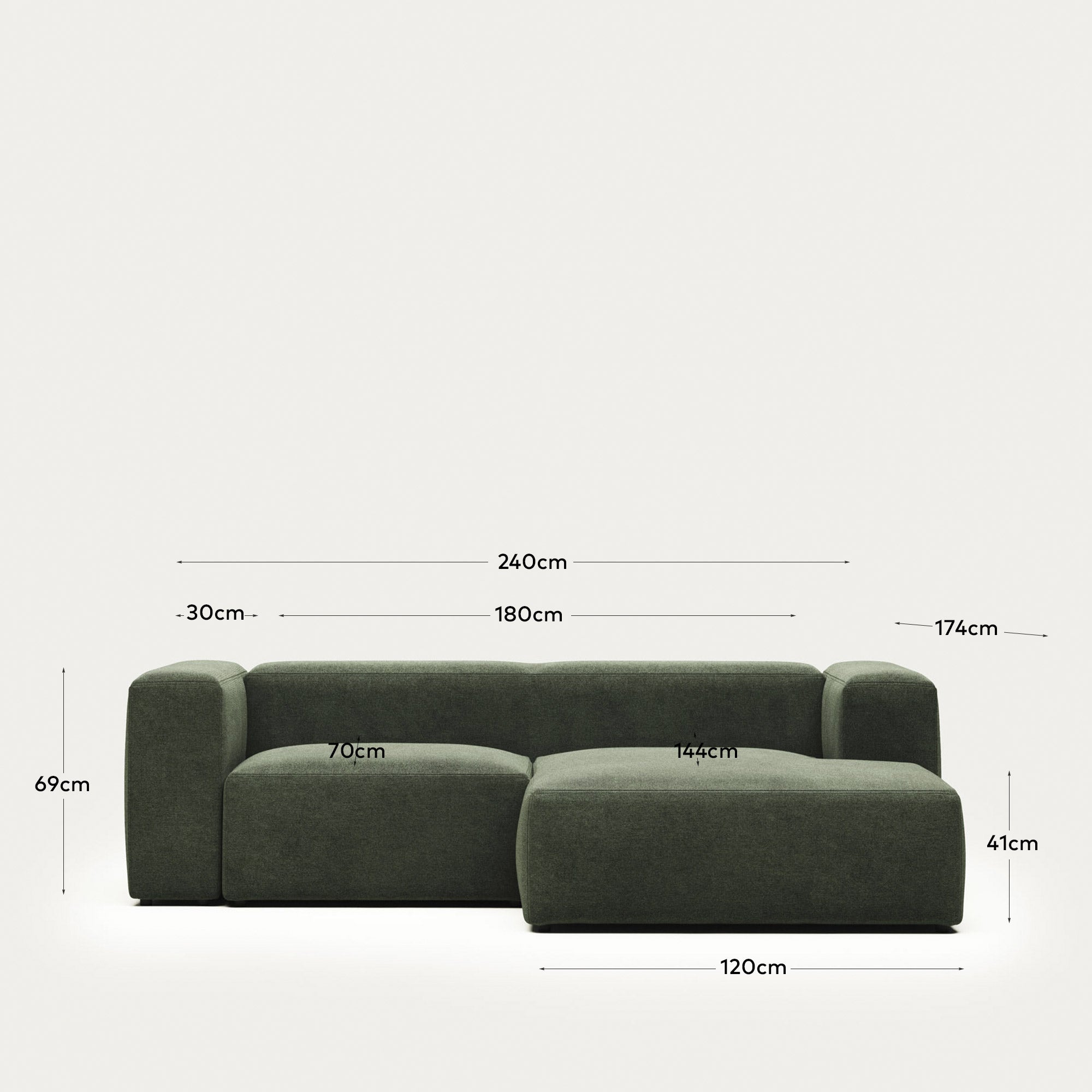 2-Sitzer-Sofa Blok mit Chaiselongue rechts, schwer entflammbar mit grüner Chenille, 240 cm in Grün präsentiert im Onlineshop von KAQTU Design AG. 2er Sofa ist von Kave Home