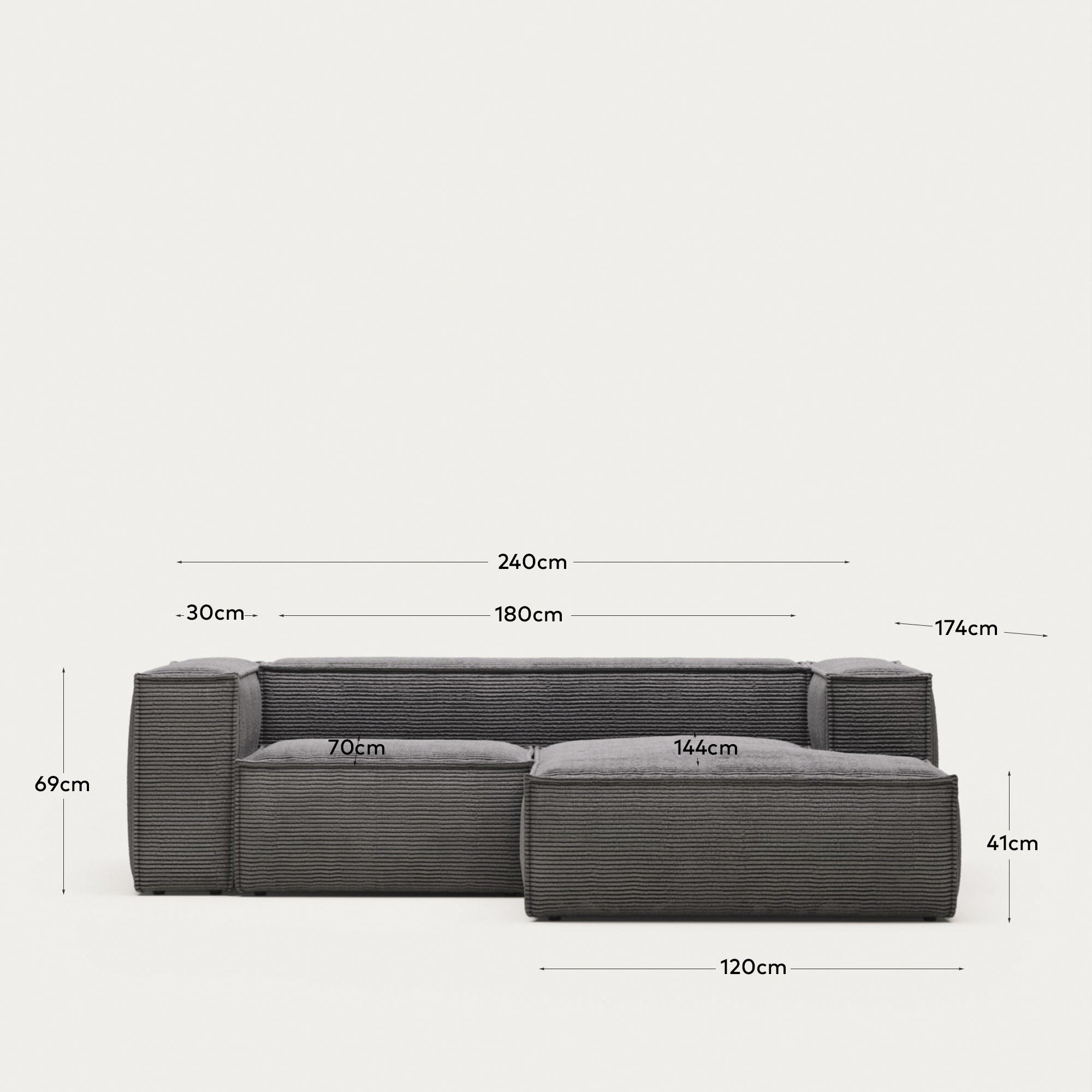 Elegantes 2-Sitzer-Sofa mit rechter Chaiselongue in grauem Cord, 240 cm breit, FSC-zertifiziert, für stilvollen Komfort.