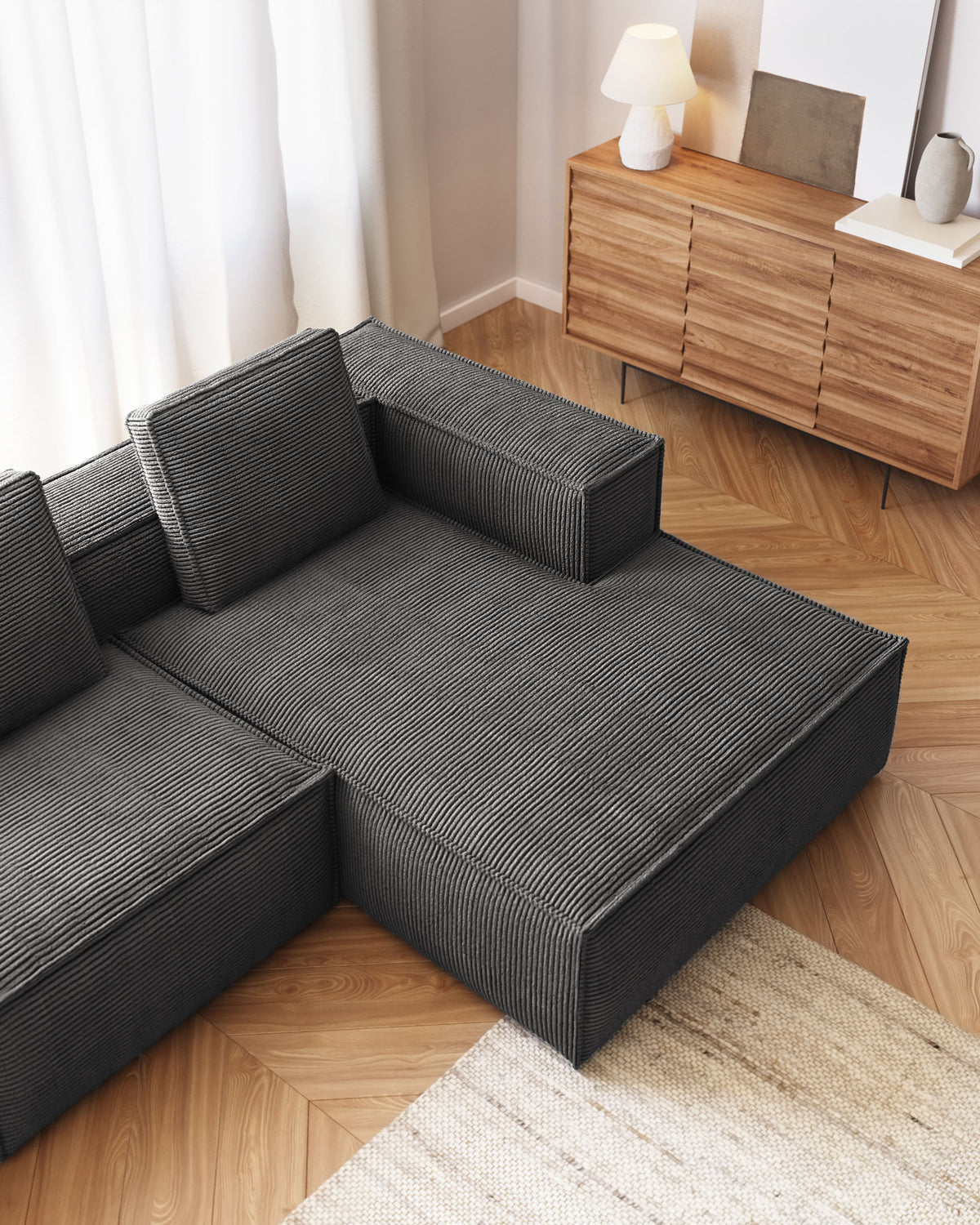 2-Sitzer-Sofa Blok mit dickem, grauen Cord und Chaiselongue rechts 240 cm FSC Mix Credit in Grau präsentiert im Onlineshop von KAQTU Design AG. L-Sofa rechts ist von Kave Home
