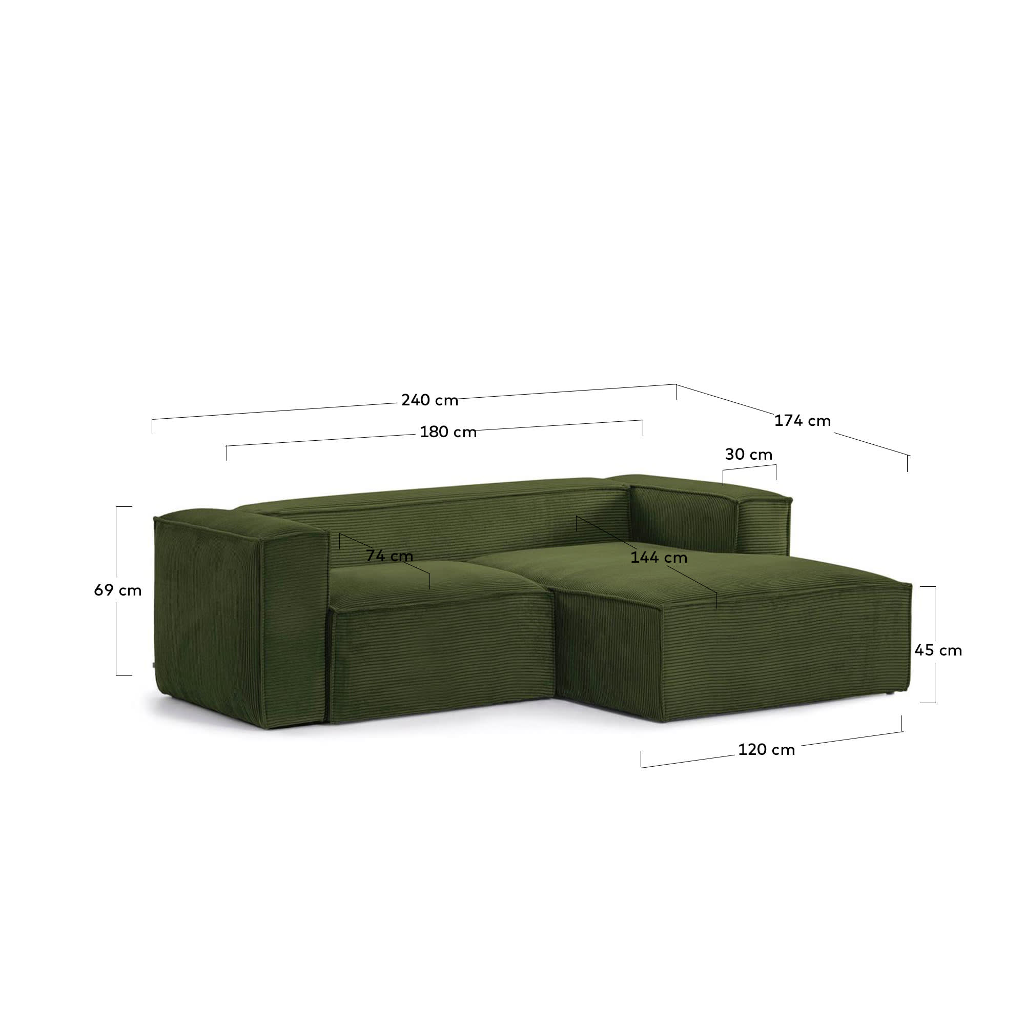 Elegantes 2-Sitzer-Sofa mit rechter Chaiselongue, grünem Cordbezug, 240 cm breit, nachhaltig und FSC-zertifiziert.