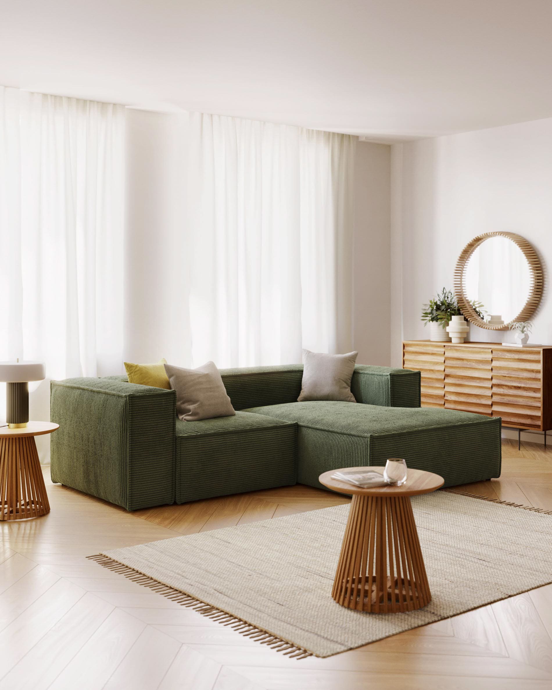 Elegantes 2-Sitzer-Sofa in grünem Cord mit rechter Chaiselongue, 240 cm breit, FSC-zertifiziert, stilvoll und nachhaltig.