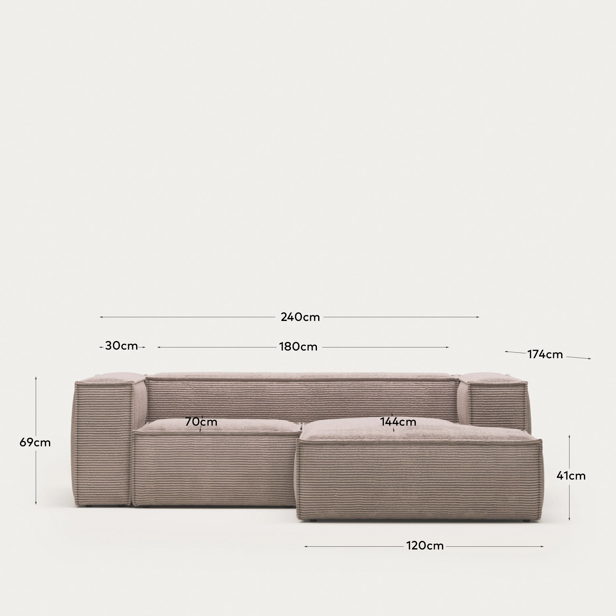 Elegantes 2-Sitzer-Sofa mit rechter Chaiselongue in rosa Cord, 240 cm breit, vereint Stil und Komfort für Ihr Zuhause.