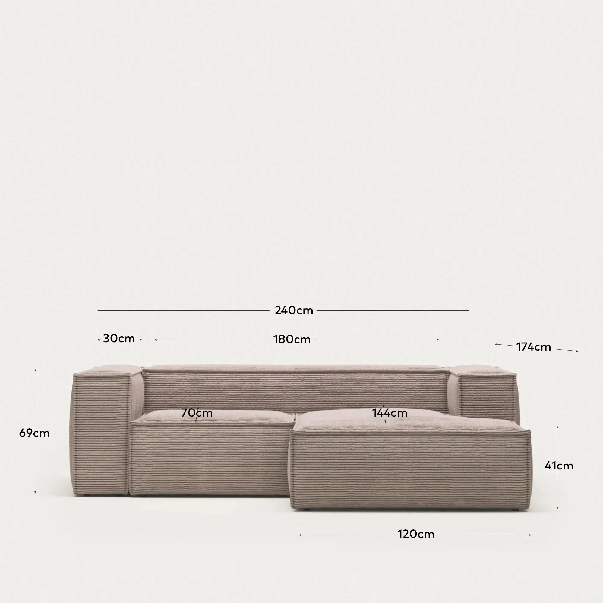 Elegantes 2-Sitzer-Sofa mit rechter Chaiselongue, rosa Cordbezug, 240 cm breit, stilvolles Design von Kave Home.
