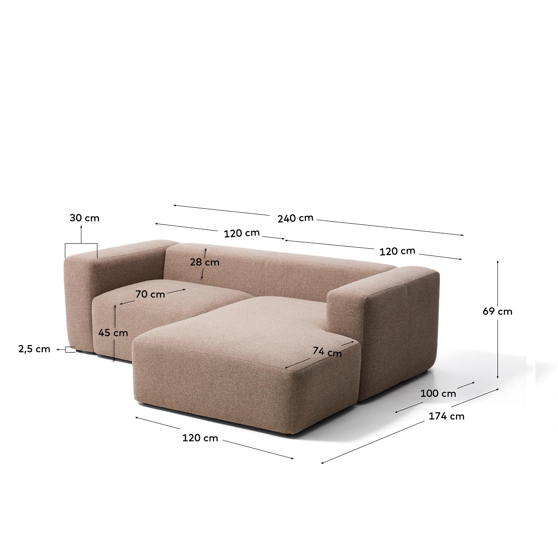 2-Sitzer-Sofa Blok mit Chaiselongue rechts in brauner Chenille, 240 cm, FSC Mix Credit in Taupe präsentiert im Onlineshop von KAQTU Design AG. L-Sofa rechts ist von Kave Home