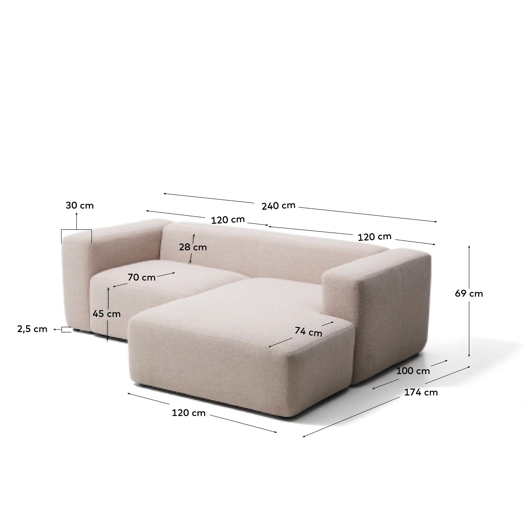 2-Sitzer-Sofa Blok mit Chaiselongue rechts in beiger Chenille, 240 cm, FSC Mix Credit in Beige präsentiert im Onlineshop von KAQTU Design AG. L-Sofa rechts ist von Kave Home