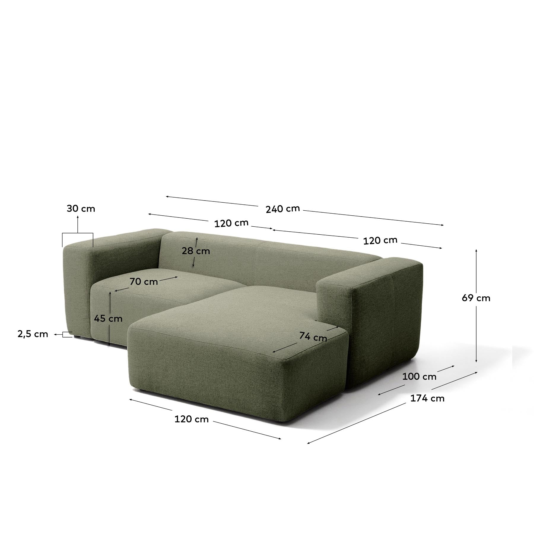 2-Sitzer-Sofa Blok mit Chaiselongue rechts in moosgrüner Chenille, 240 cm, FSC Mix Credit in Grün präsentiert im Onlineshop von KAQTU Design AG. L-Sofa rechts ist von Kave Home