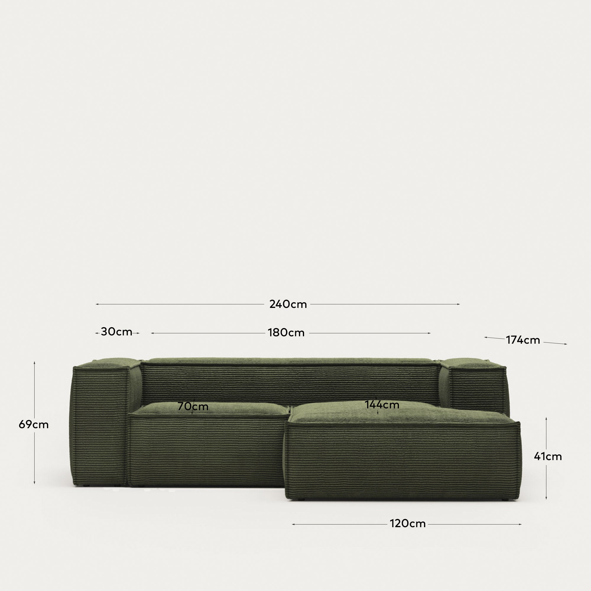 2-Sitzer-Sofa Blok mit Chaiselongue rechts, schwer entflammbar mit dickem, grünen Cord, 240 cm, FSC Mix Credit in Grün präsentiert im Onlineshop von KAQTU Design AG. 2er Sofa ist von Kave Home