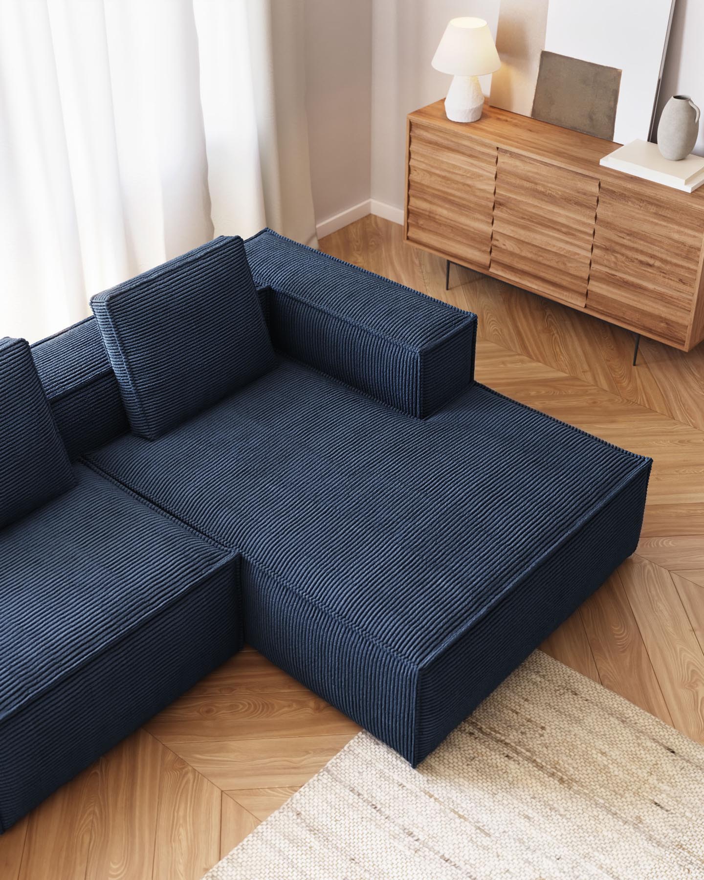 Blok 2-Sitzer-Sofa mit Chaiselongue rechts breiter Cord dunkelblau 240 cm FR in Blau präsentiert im Onlineshop von KAQTU Design AG. 2er Sofa ist von Kave Home