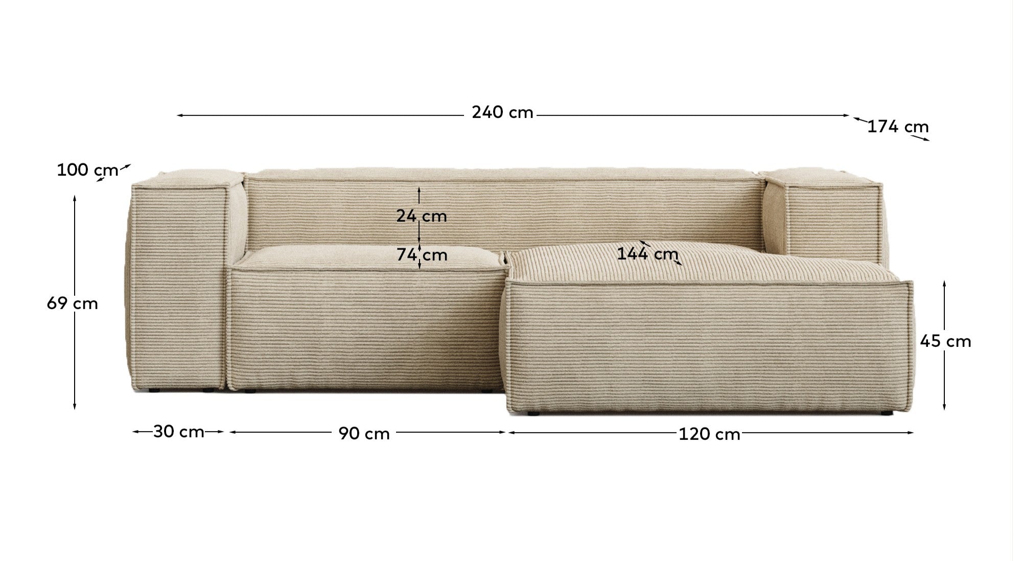 2-Sitzer-Sofa Blok schwer entflammbar mit Chaiselongue rechts und dickem Cord in Ecru 240 cm FSC Mix Credit in Ecru präsentiert im Onlineshop von KAQTU Design AG. L-Sofa rechts ist von Kave Home