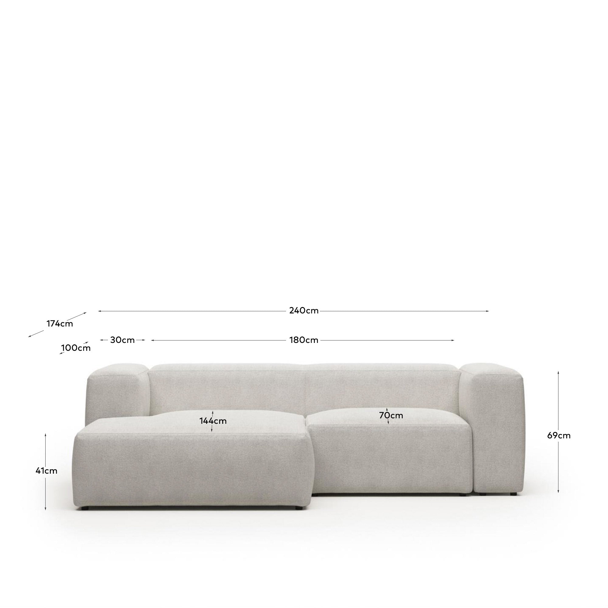 2-Sitzer-Sofa Blok mit Chaiselongue links, schwer entflammbar mit weissem Lammfellimitat, 240 cm, FSC Mix Credit in Grau präsentiert im Onlineshop von KAQTU Design AG. 2er Sofa ist von Kave Home