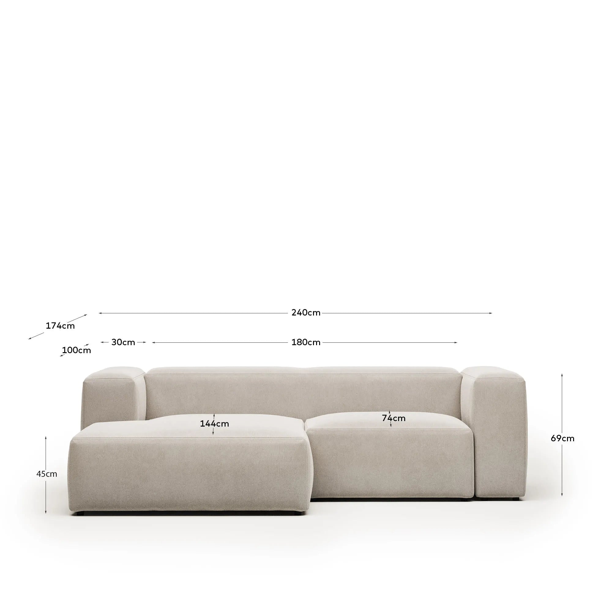 Elegantes 2-Sitzer Sofa mit linker Chaiselongue in Beige, 240 cm breit, aus nachhaltigen Materialien, ideal für modernes Wohnen.