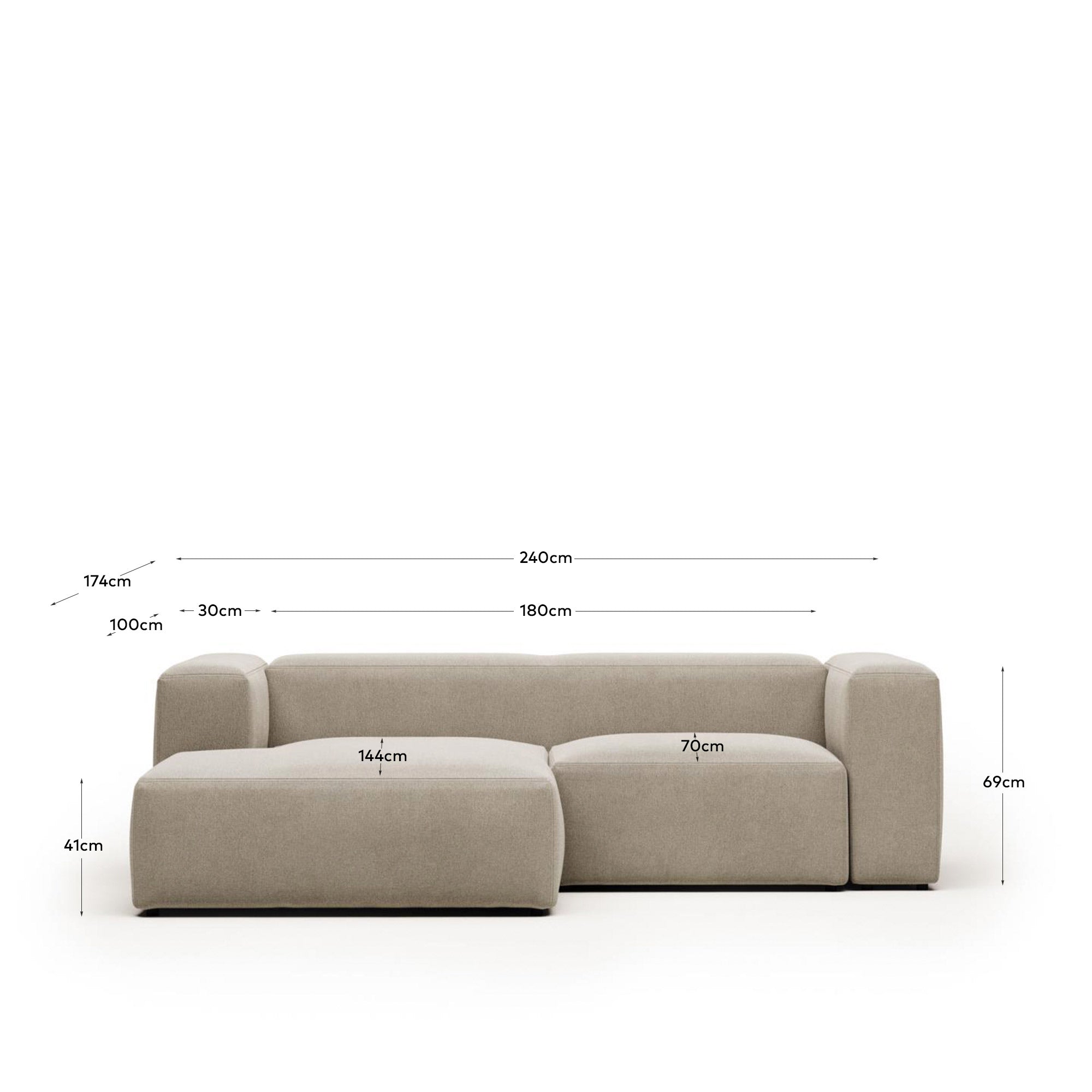 2-Sitzer-Sofa Blok mit Chaiselongue links, schwer entflammbar mit beiger Chenille, 240 cm in Beige präsentiert im Onlineshop von KAQTU Design AG. 2er Sofa ist von Kave Home