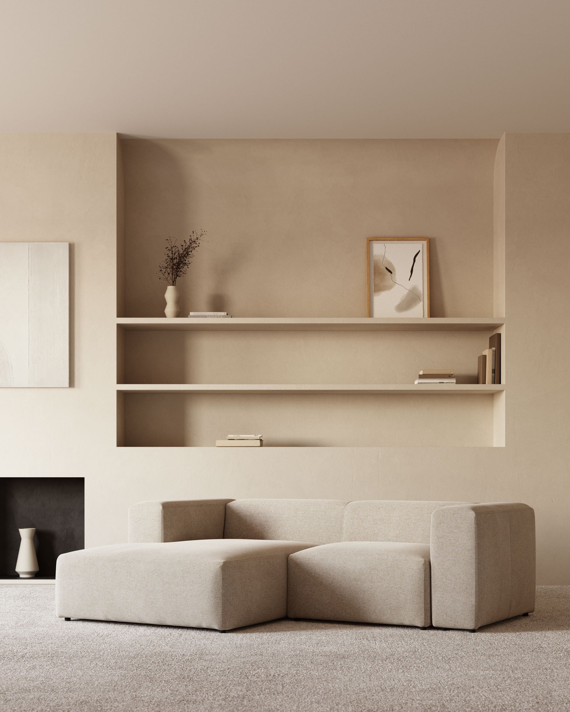 2-Sitzer-Sofa Blok mit Chaiselongue links, schwer entflammbar mit beiger Chenille, 240 cm in Beige präsentiert im Onlineshop von KAQTU Design AG. 2er Sofa ist von Kave Home