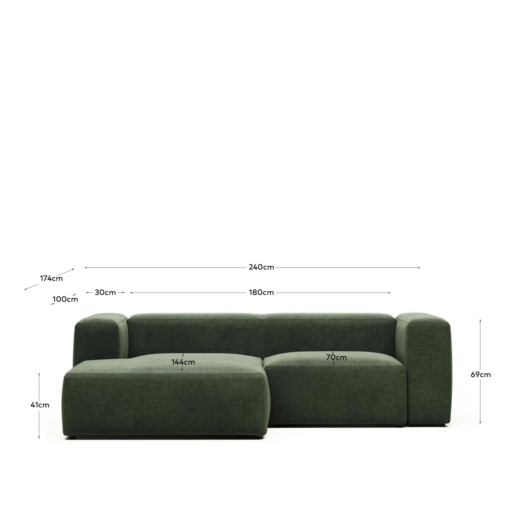 2-Sitzer-Sofa Blok mit Chaiselongue links, schwer entflammbar mit grüner Chenille, 240 cm in Grün präsentiert im Onlineshop von KAQTU Design AG. 2er Sofa ist von Kave Home