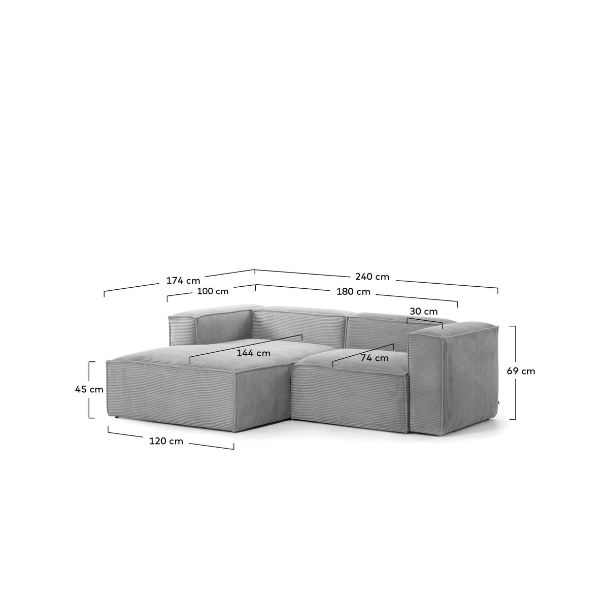 2-Sitzer-Sofa Blok mit dickem, grauen Cord und Chaiselongue links 240 cm FSC Mix Credit in Grau präsentiert im Onlineshop von KAQTU Design AG. L-Sofa links ist von Kave Home