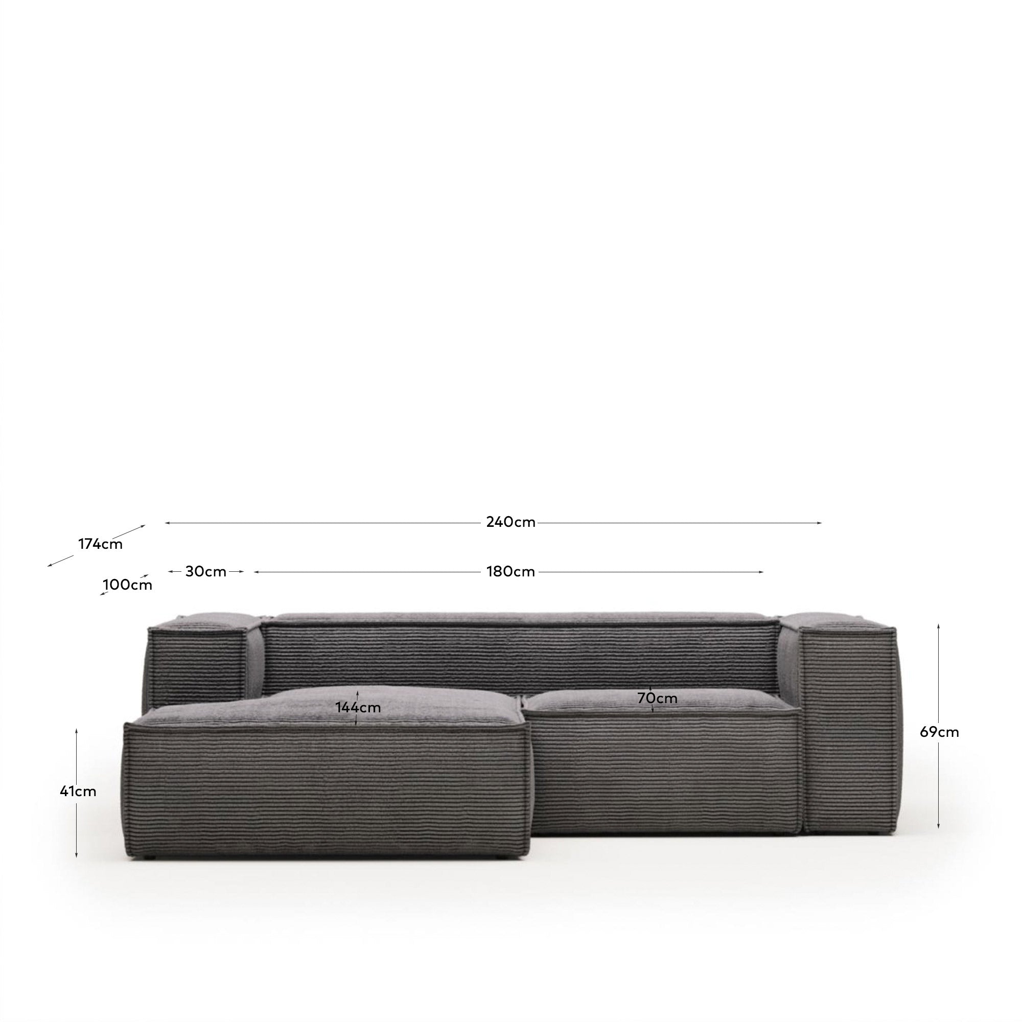 Stylisches 2-Sitzer-Sofa mit linker Chaiselongue aus grauem Cord, 240 cm. Ideal für entspannte Momente und umweltfreundlich gefertigt.