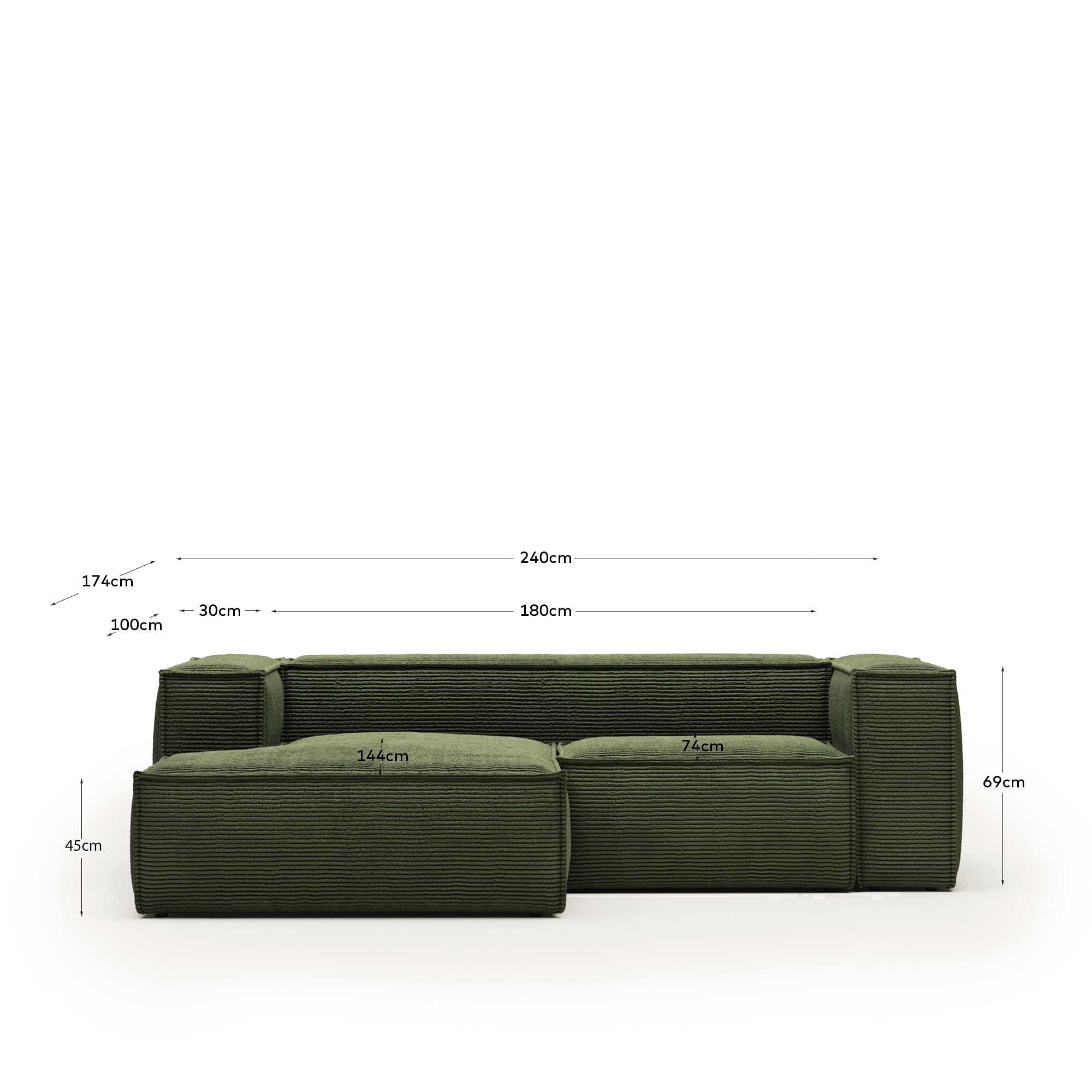 Elegantes 2-Sitzer-Sofa in grünem Cord mit linker Chaiselongue, 240 cm breit, FSC-zertifiziert, modern und umweltbewusst.