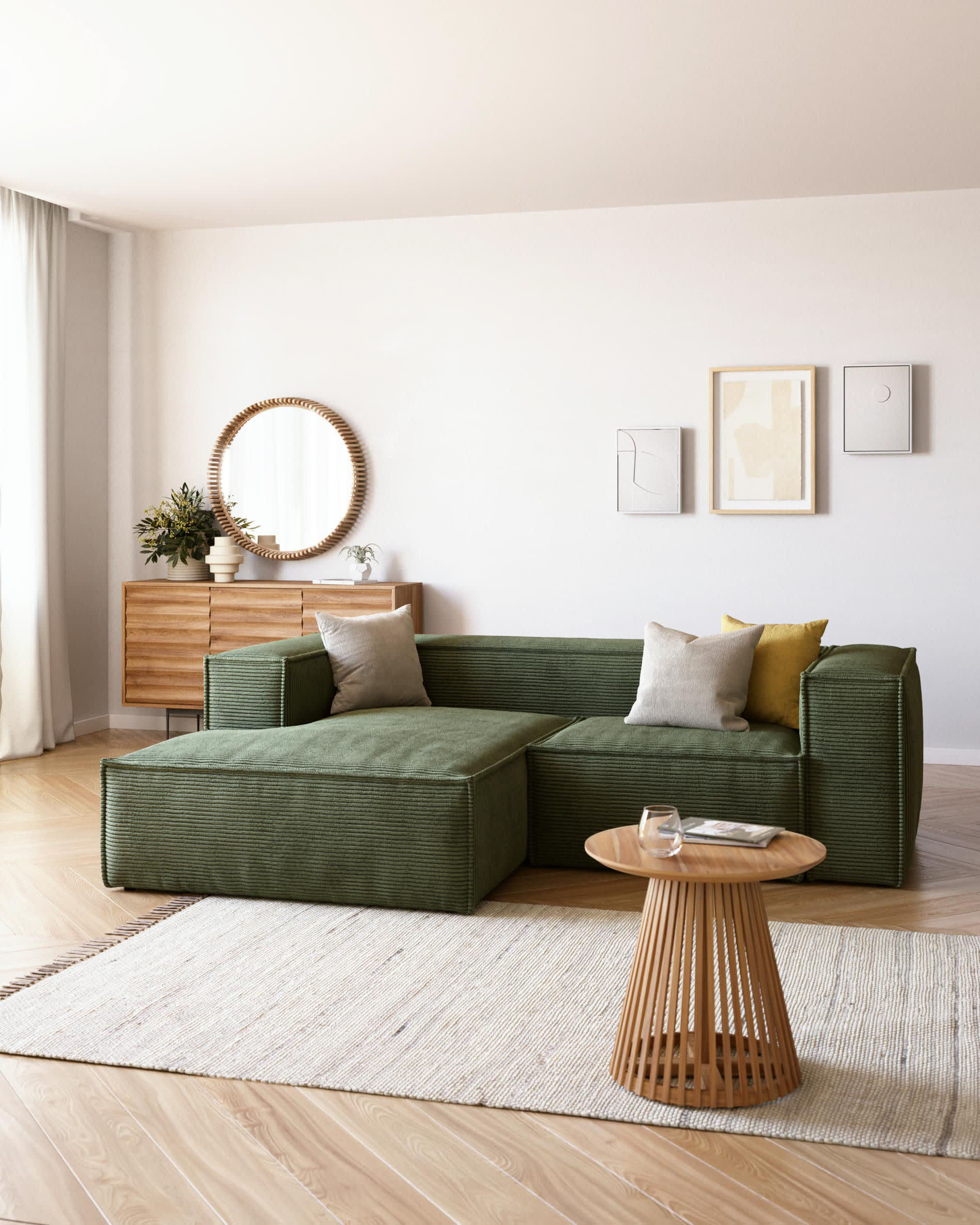 Modernes 2-Sitzer-Sofa mit linker Chaiselongue, grünem Cordstoff, 240 cm breit, nachhaltig mit FSC-Mix-Zertifikat.
