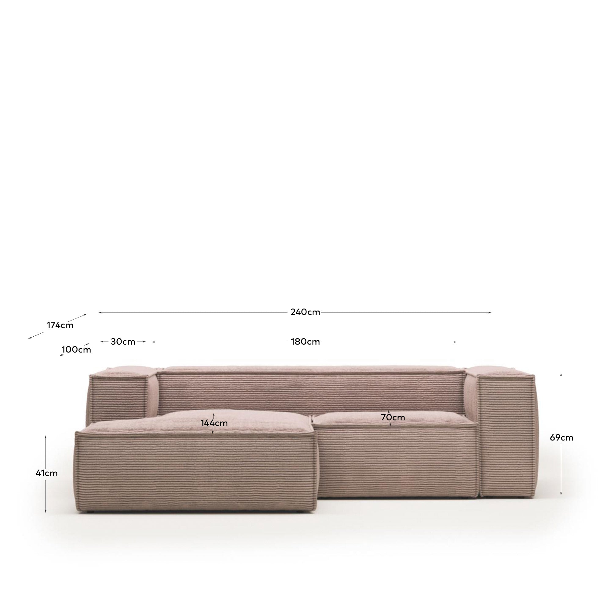 Ein stilvolles rosa Sofa mit Chaiselongue links, aus robustem Cord, ideal für kleine Räume, bietet Komfort und Eleganz.