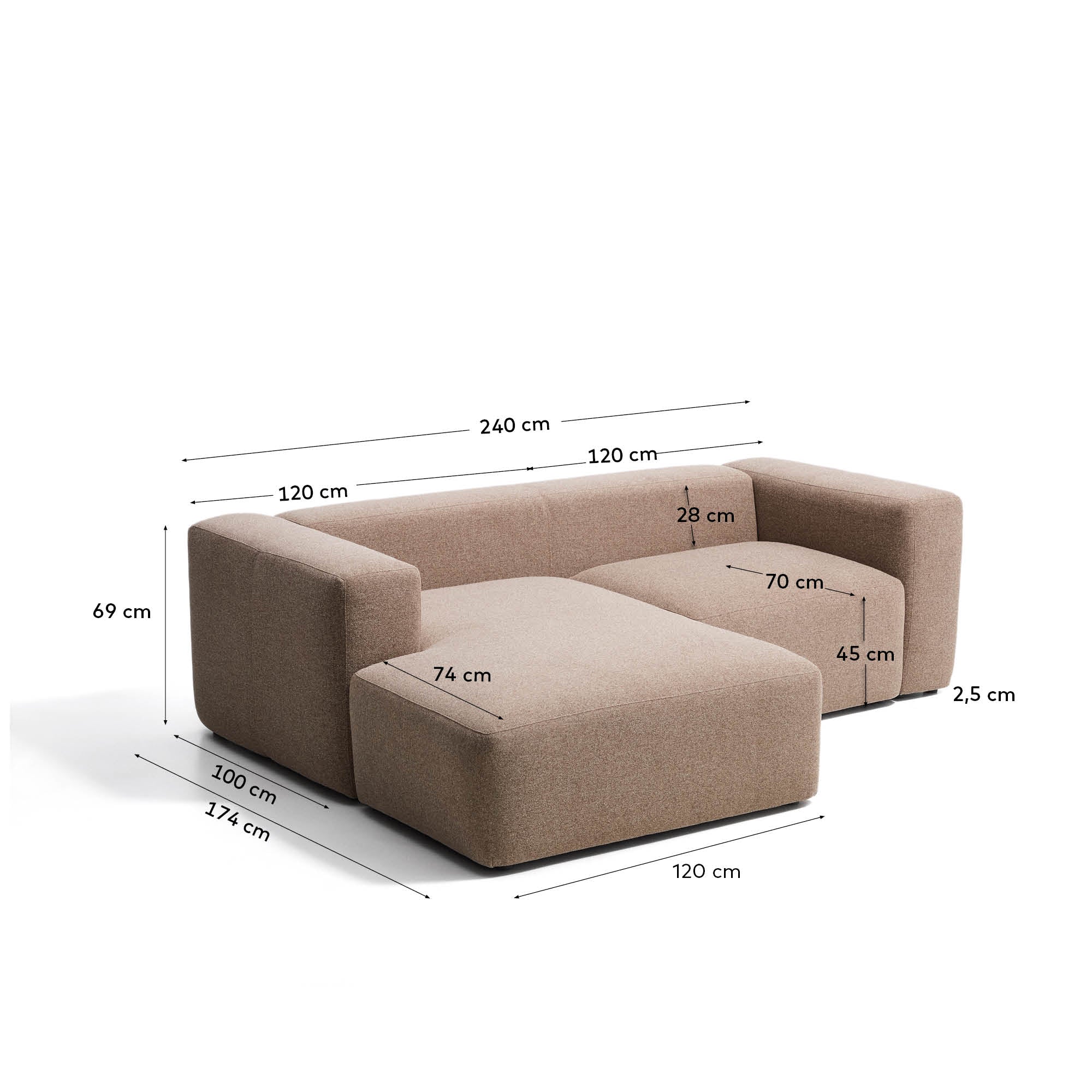 2-Sitzer-Sofa Blok mit Chaiselongue links in brauner Chenille, 240 cm, FSC Mix Credit in Taupe präsentiert im Onlineshop von KAQTU Design AG. L-Sofa links ist von Kave Home