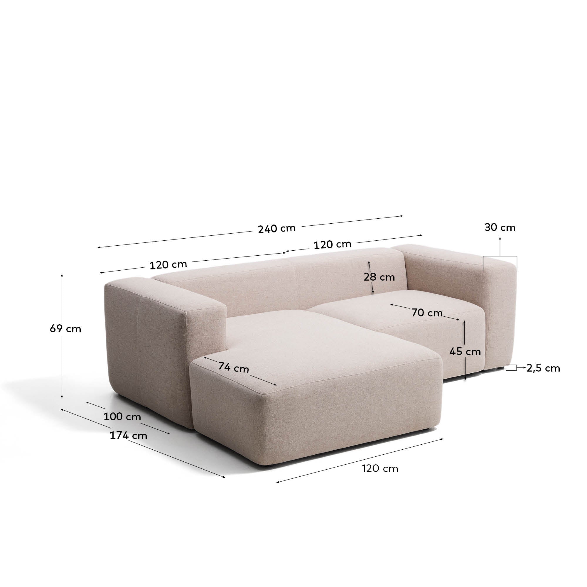 2-Sitzer-Sofa Blok mit Chaiselongue links in beiger Chenille, 240 cm, FSC Mix Credit in Beige präsentiert im Onlineshop von KAQTU Design AG. L-Sofa links ist von Kave Home
