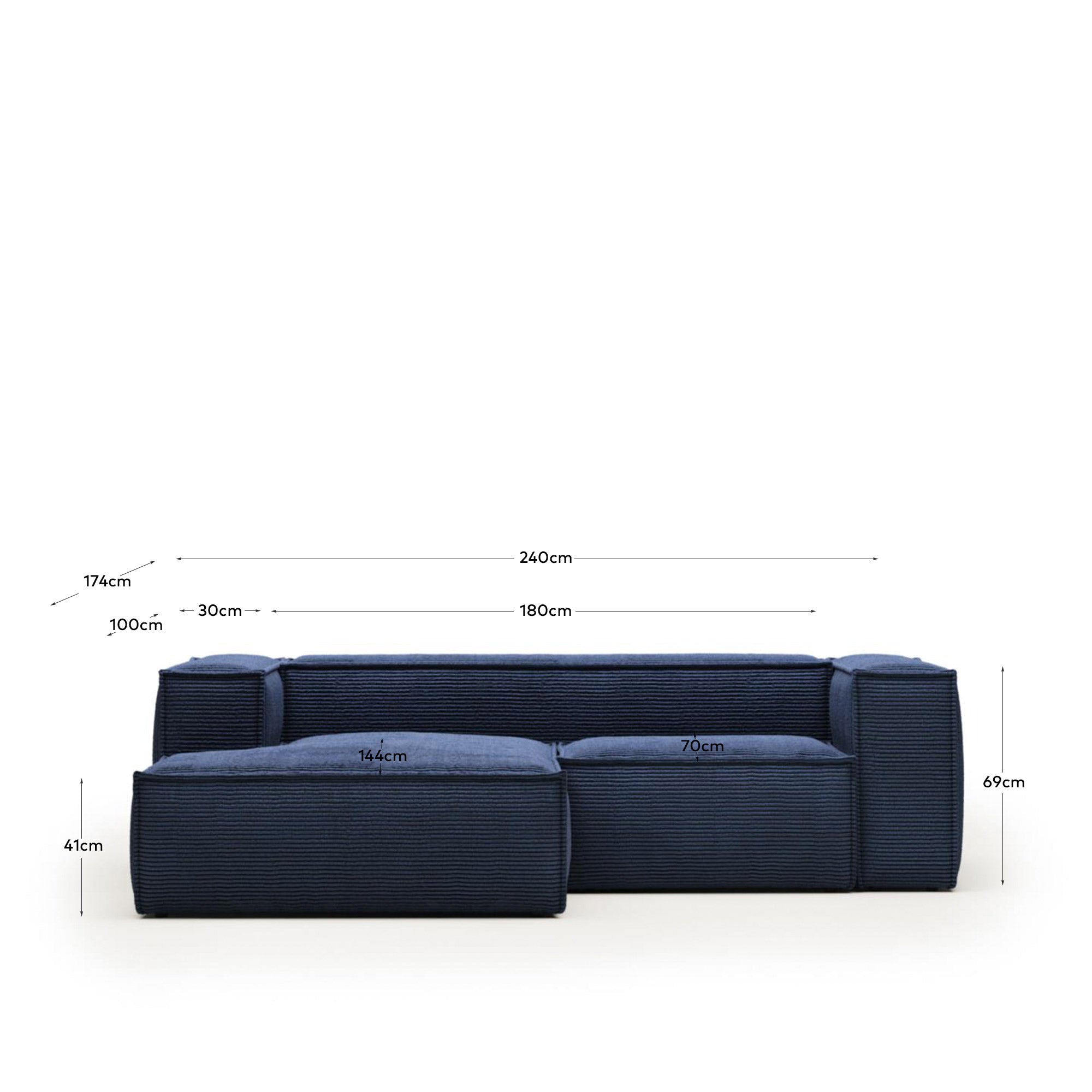 2-Sitzer-Sofa Blok mit Chaiselongue links, schwer entflammbar mit dickem, blauem Cord, 240 cm, FSC Mix Credit in Blau präsentiert im Onlineshop von KAQTU Design AG. 2er Sofa ist von Kave Home