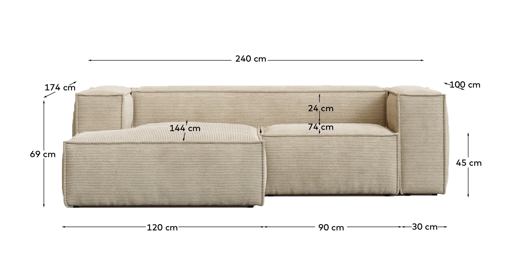 2-Sitzer-Sofa Blok schwer entflammbar mit Chaiselongue links und dickem Cord in Ecru 240 cm FSC Mix Credit in Ecru präsentiert im Onlineshop von KAQTU Design AG. L-Sofa links ist von Kave Home