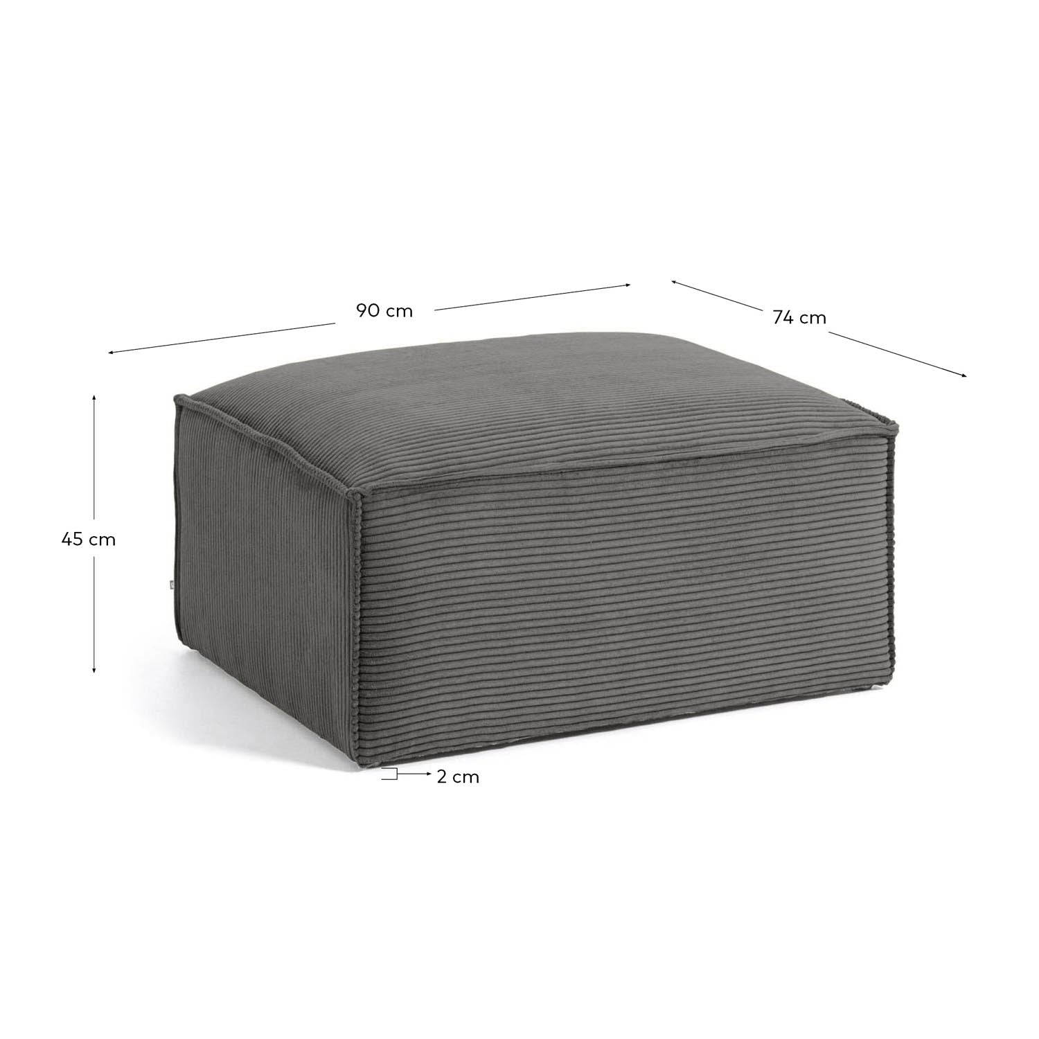 Erleben Sie die stilvolle Blok-Fußablage von Kave Home in modernem grauem Cord. Mit großzügigen 90 x 70 cm vereint sie Funktionalität und Eleganz.
