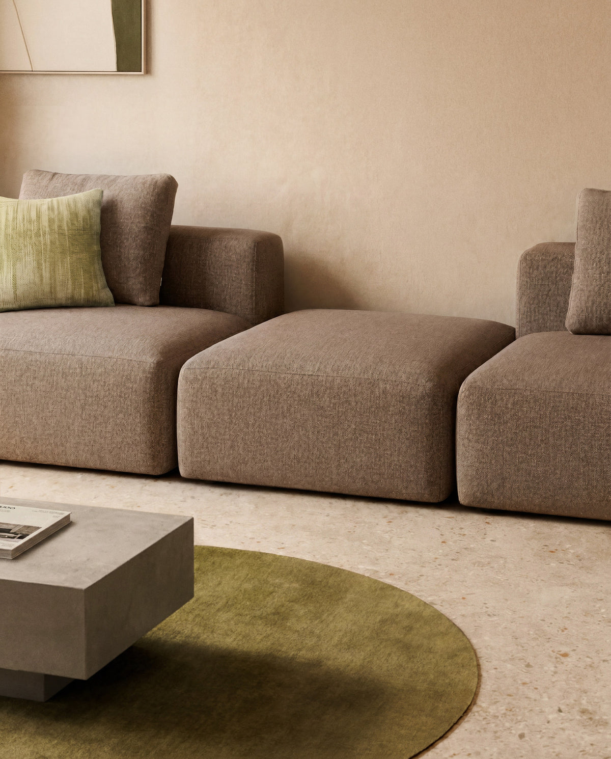 Pouf-Randmodul Blok in brauner Chenille, 90 x 104 cm, FSC Mix Credit in Taupe präsentiert im Onlineshop von KAQTU Design AG. Pouf ist von Kave Home
