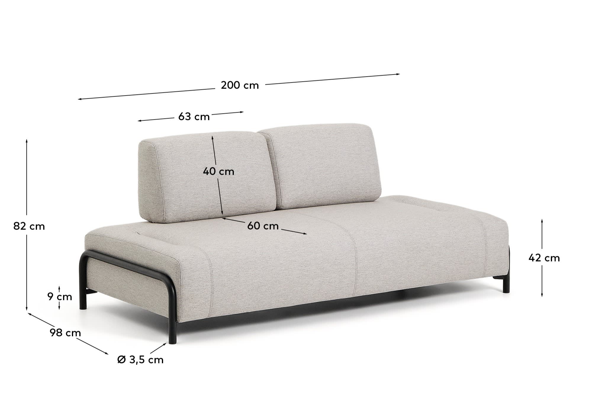 Erleben Sie das elegante 2-Sitzer-Modul Compo in Graubeige mit schwarzem Metallgestell – perfekt für stilvolle Räume und nachhaltigen Genuss.