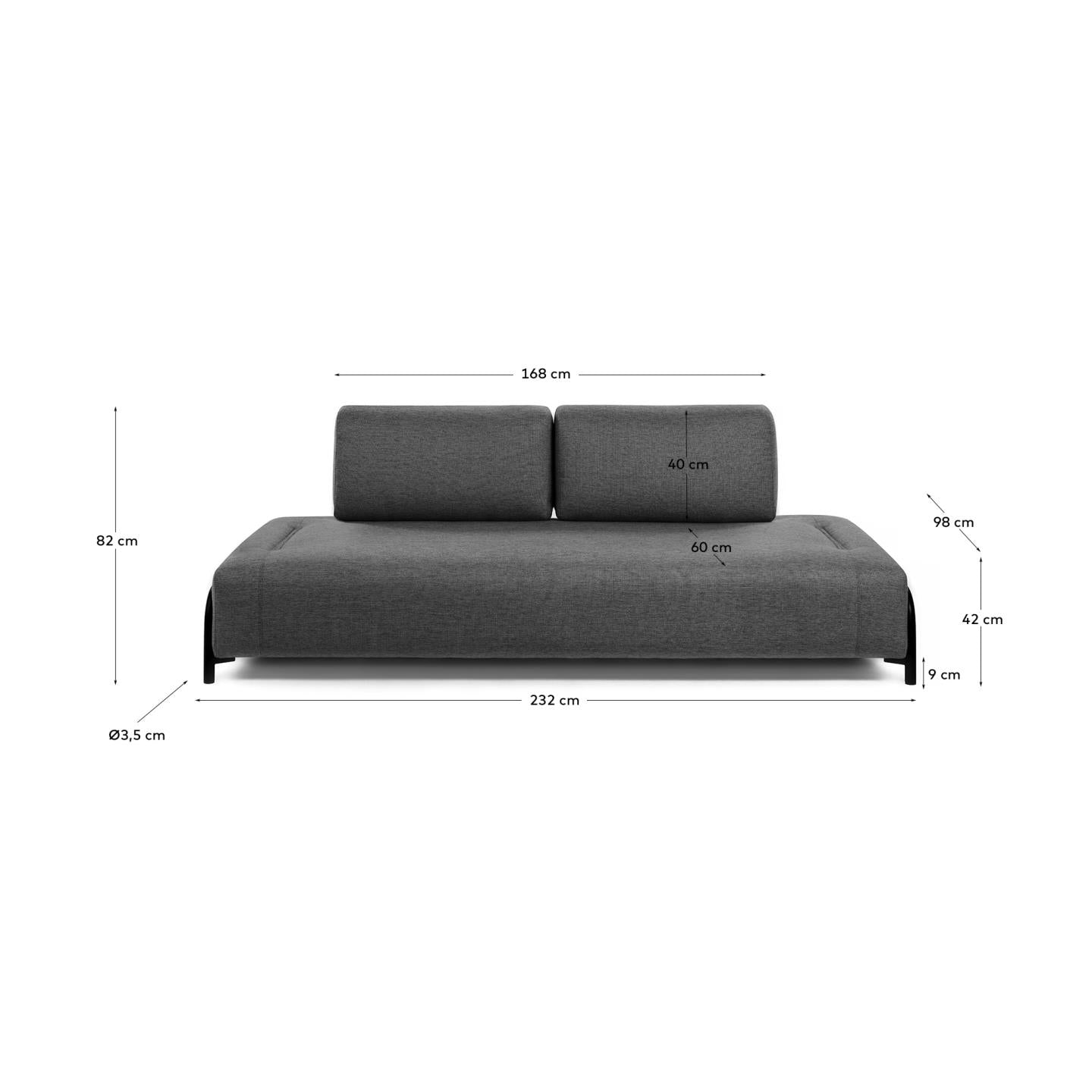 Das Kave Home Compo 3-Sitzer Modul in Dunkelgrau bietet modernes Design und Komfort auf einer Länge von 232 cm.