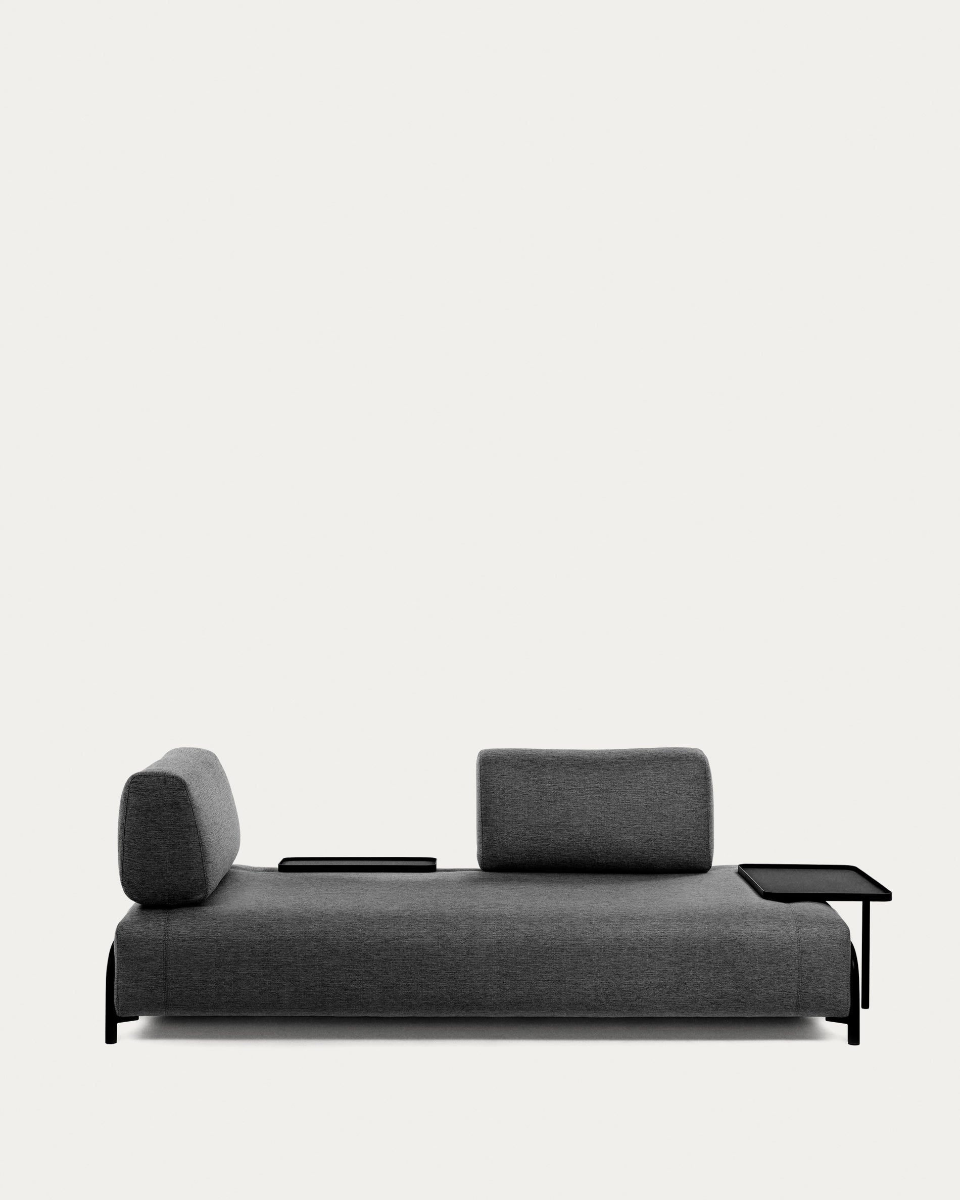 Elegantes 3-Sitzer Sofa in Dunkelgrau mit integriertem Tablett, ideal für stilvolle und komfortable Wohnräume.