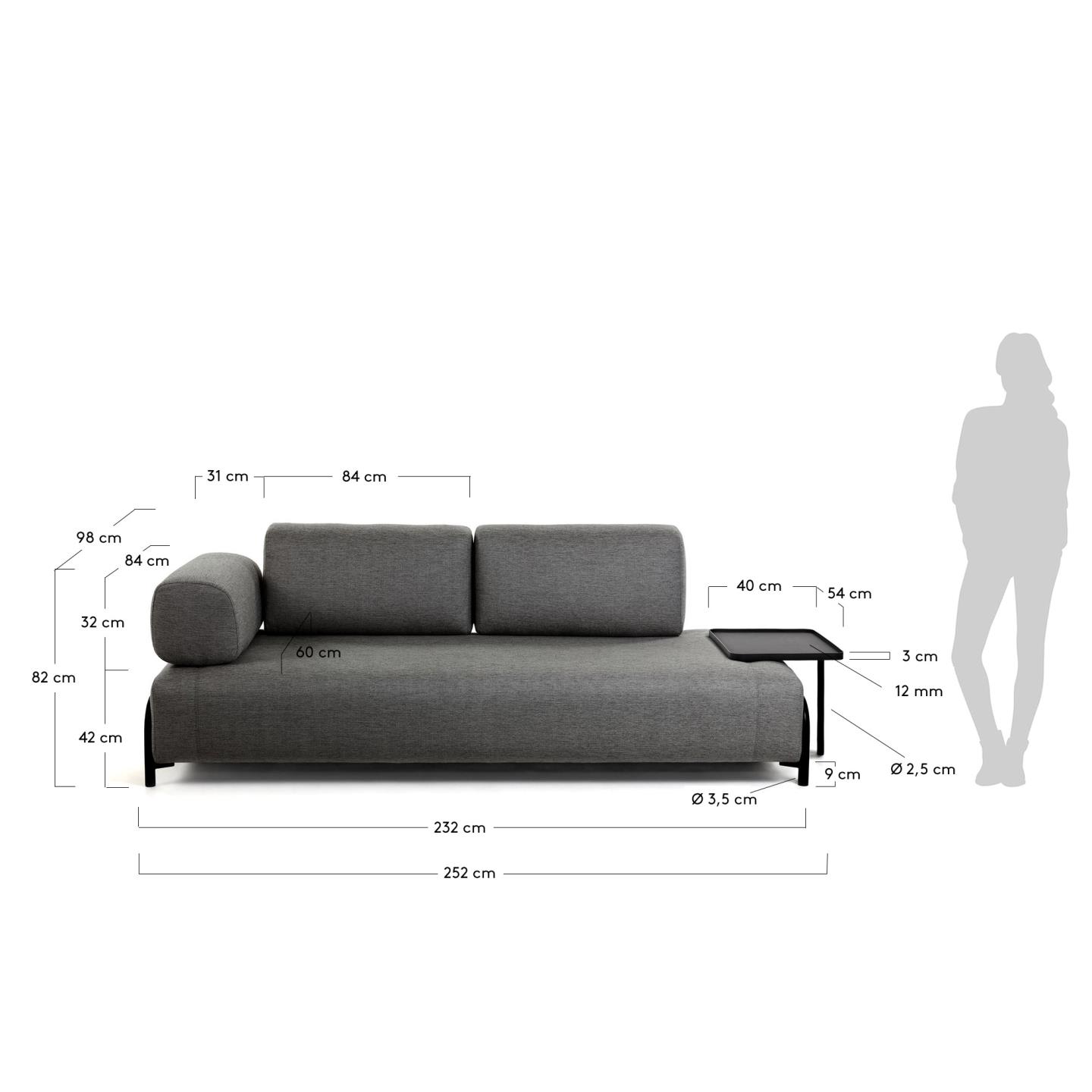 Elegantes 3-Sitzer Sofa in Dunkelgrau mit integriertem Tablett, ideal für stilvolle und komfortable Wohnräume.