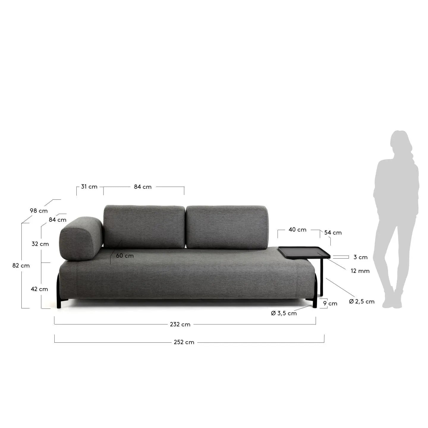 Modernes 3-Sitzer Sofa in Dunkelgrau, 252 cm breit, mit praktischem Tablett, von Kave Home – stilvoll und vielseitig.
