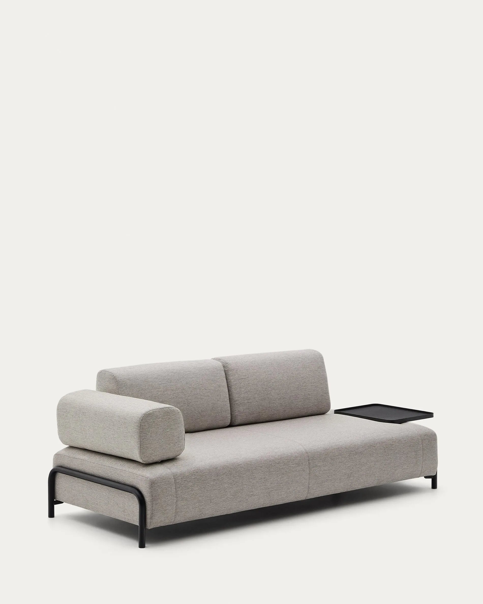 Elegantes 3-Sitzer Sofa in Beige-Grau mit integriertem Tablett, ideal für stilvolle und funktionale Wohnräume.