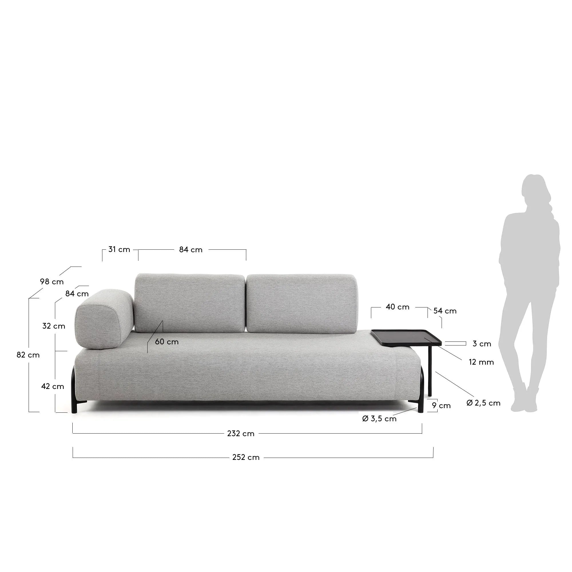 Elegantes 3-Sitzer Sofa in Beige-Grau mit integriertem Tablett, ideal für stilvolle und funktionale Wohnräume.