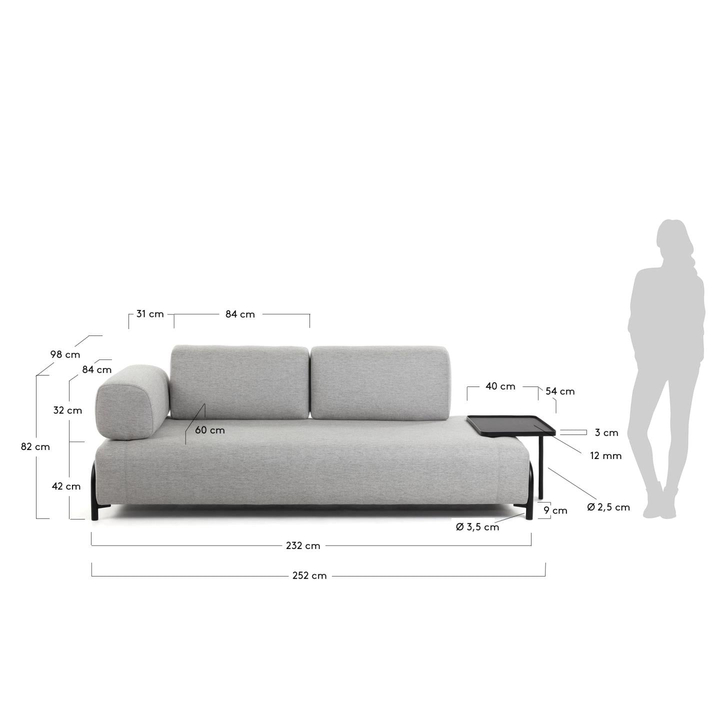 Elegantes hellgraues 3-Sitzer Sofa mit integriertem Tablett, ideal für stilvolle und funktionale Wohnräume.