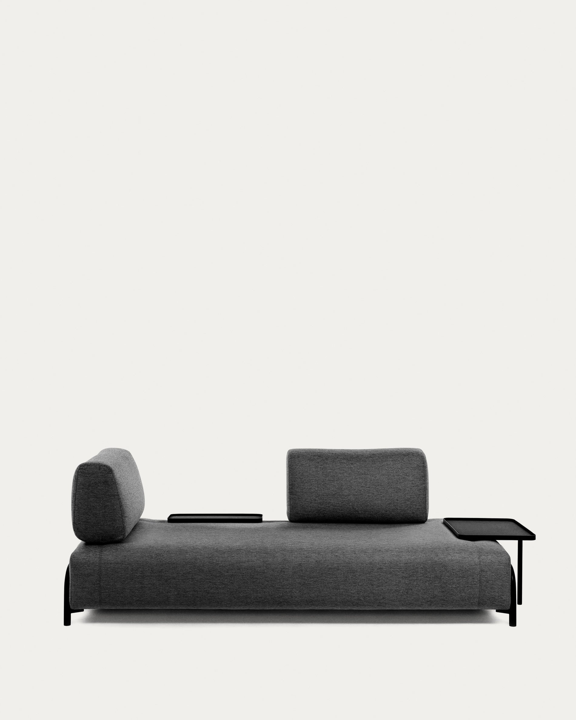 Elegantes, dunkelgraues 3-Sitzer Sofa mit integriertem Tablett für stilvollen Komfort und praktische Ablage.