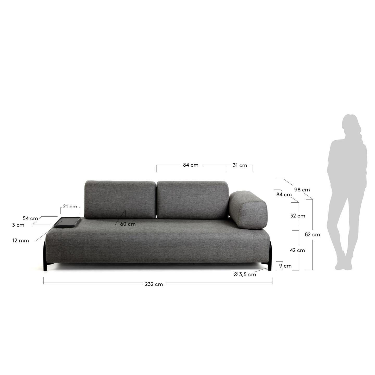 Elegantes, dunkelgraues 3-Sitzer Sofa mit integriertem Tablett für stilvollen Komfort und praktische Ablage.