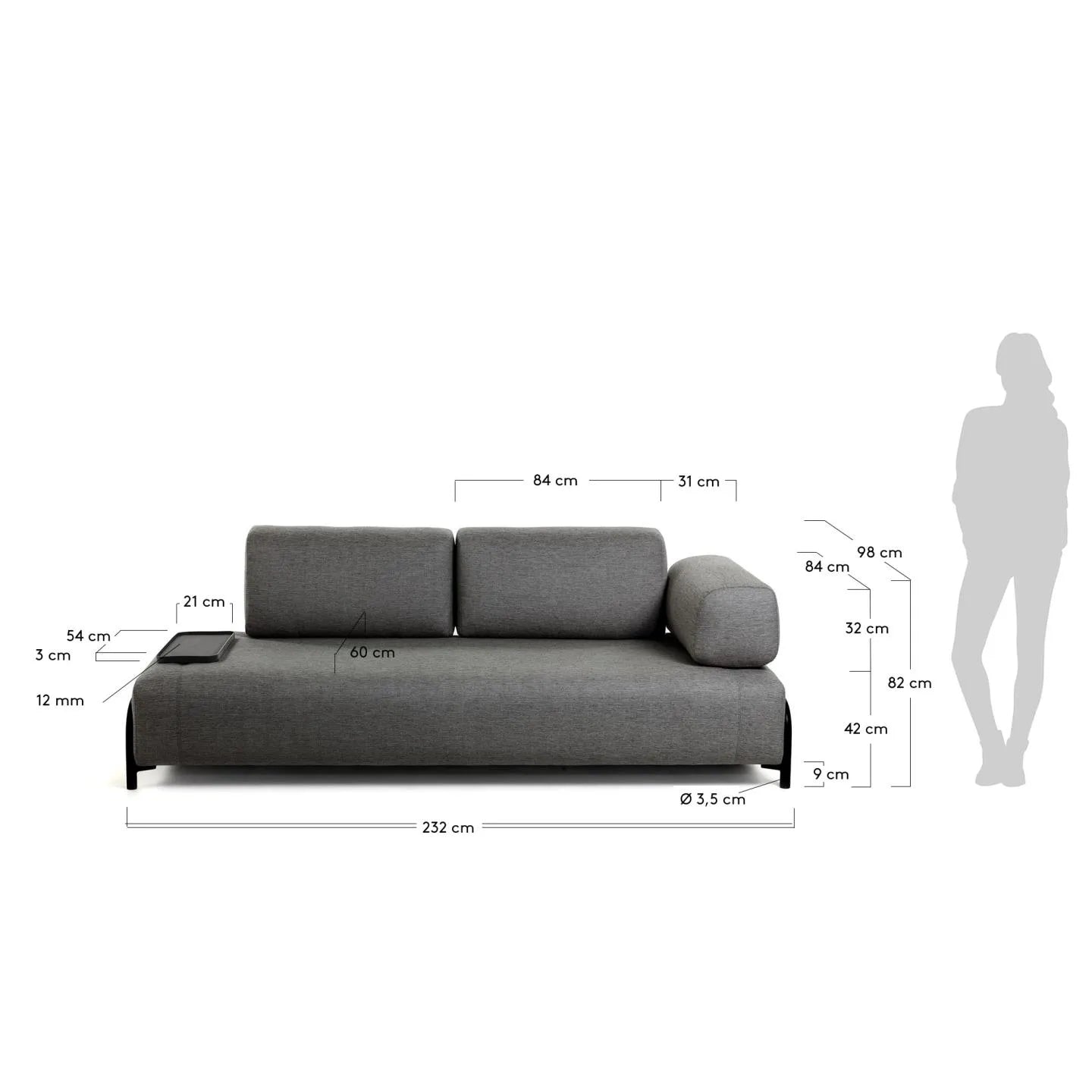 Modernes 3-Sitzer Sofa in Dunkelgrau, 232 cm, mit praktischem Tablett. Stilvolles Design von Kave Home für Ihr Zuhause.