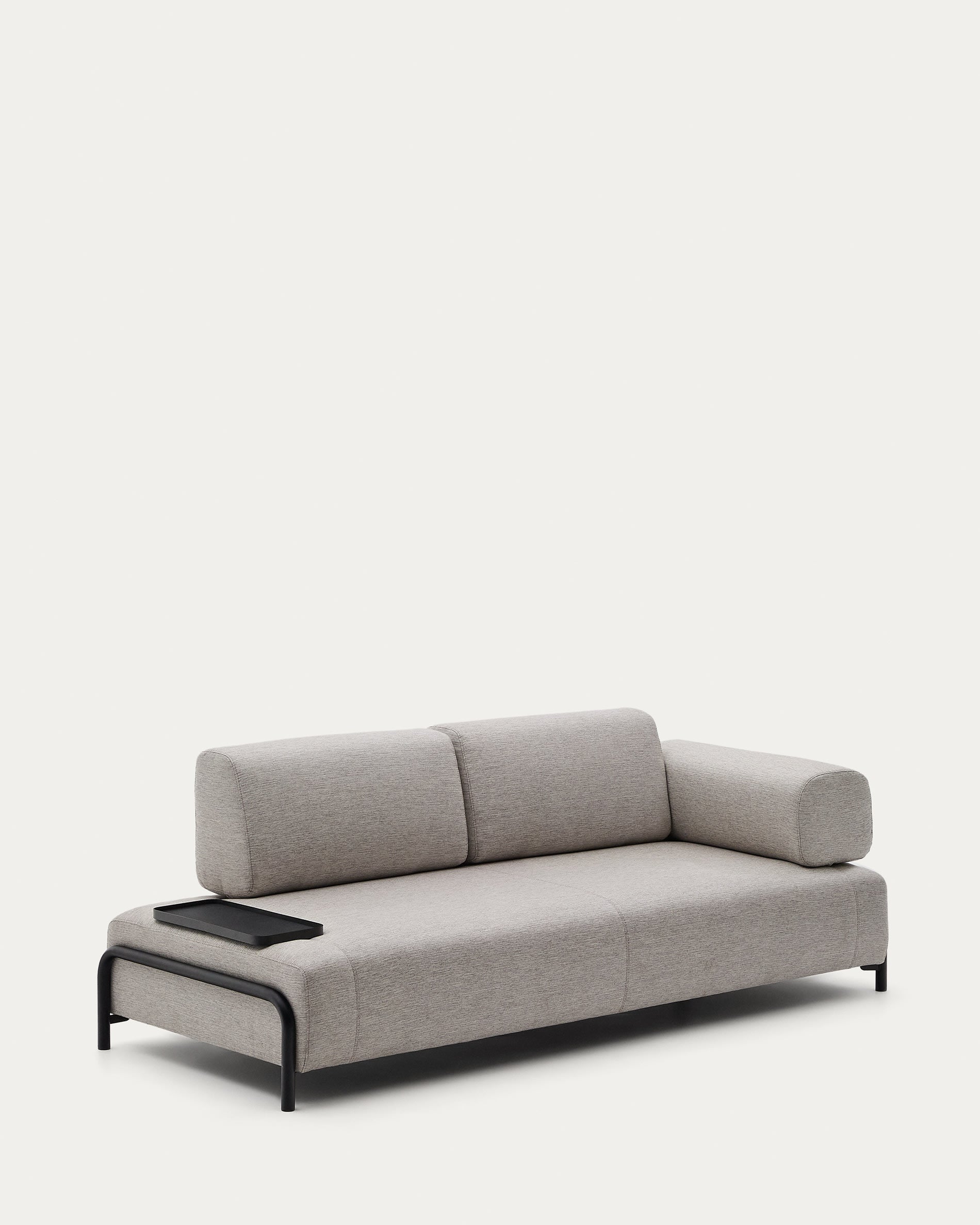 Elegantes 3-Sitzer Sofa in Beige-Grau mit integriertem Tablett, ideal für stilvolle und funktionale Wohnräume.