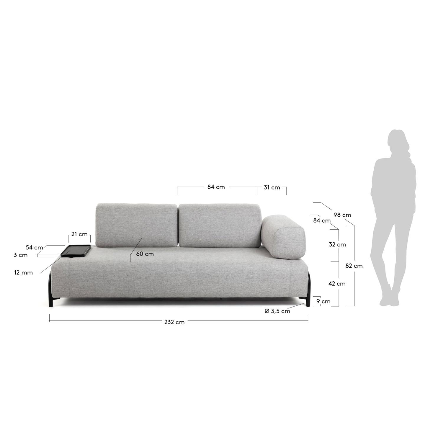 Elegantes 3-Sitzer Sofa in Beige-Grau mit integriertem Tablett, ideal für stilvolle und funktionale Wohnräume.