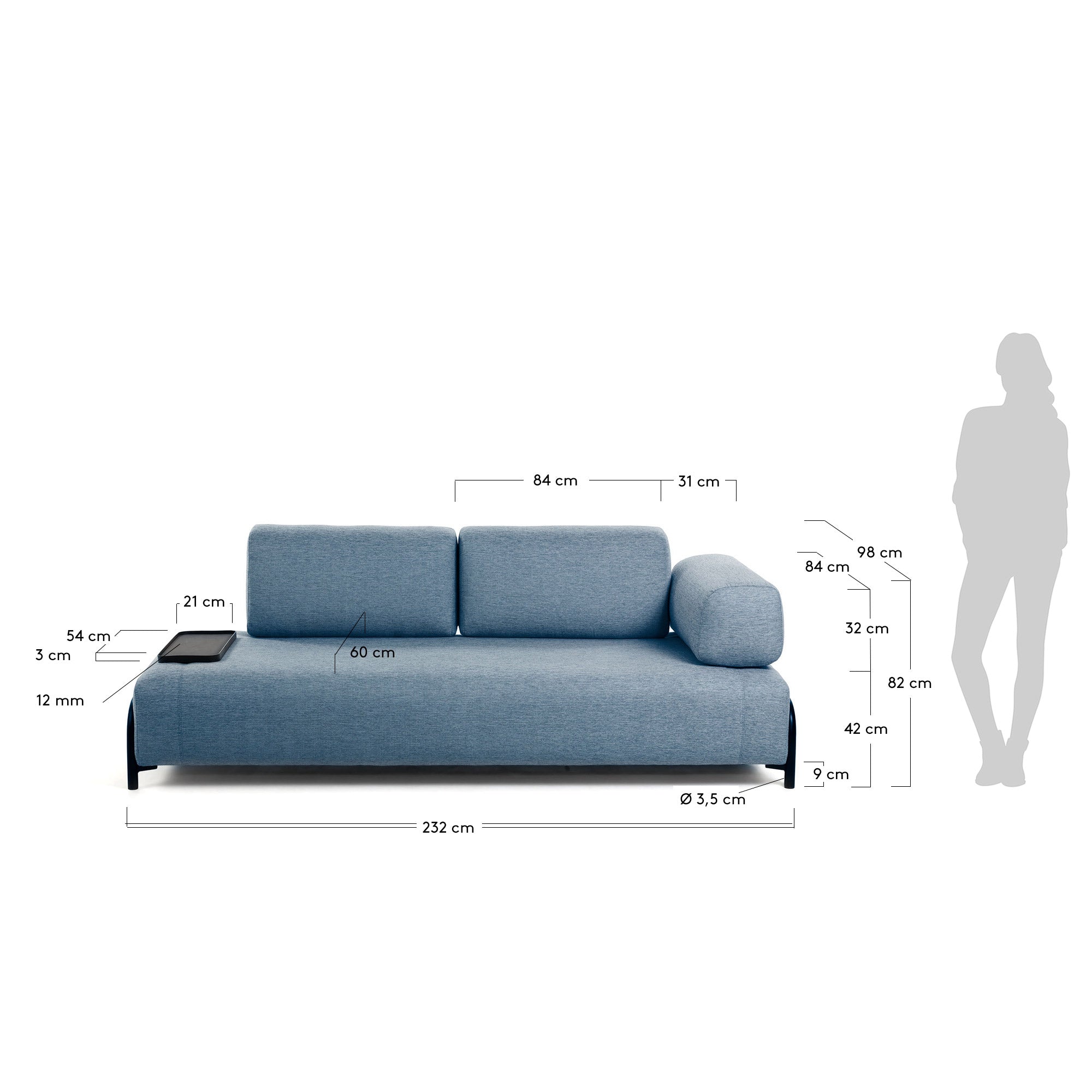 Elegantes blaues 3-Sitzer Sofa mit integriertem Tablett, ideal für stilvolle Entspannung und vielseitige Nutzung im Wohnzimmer.