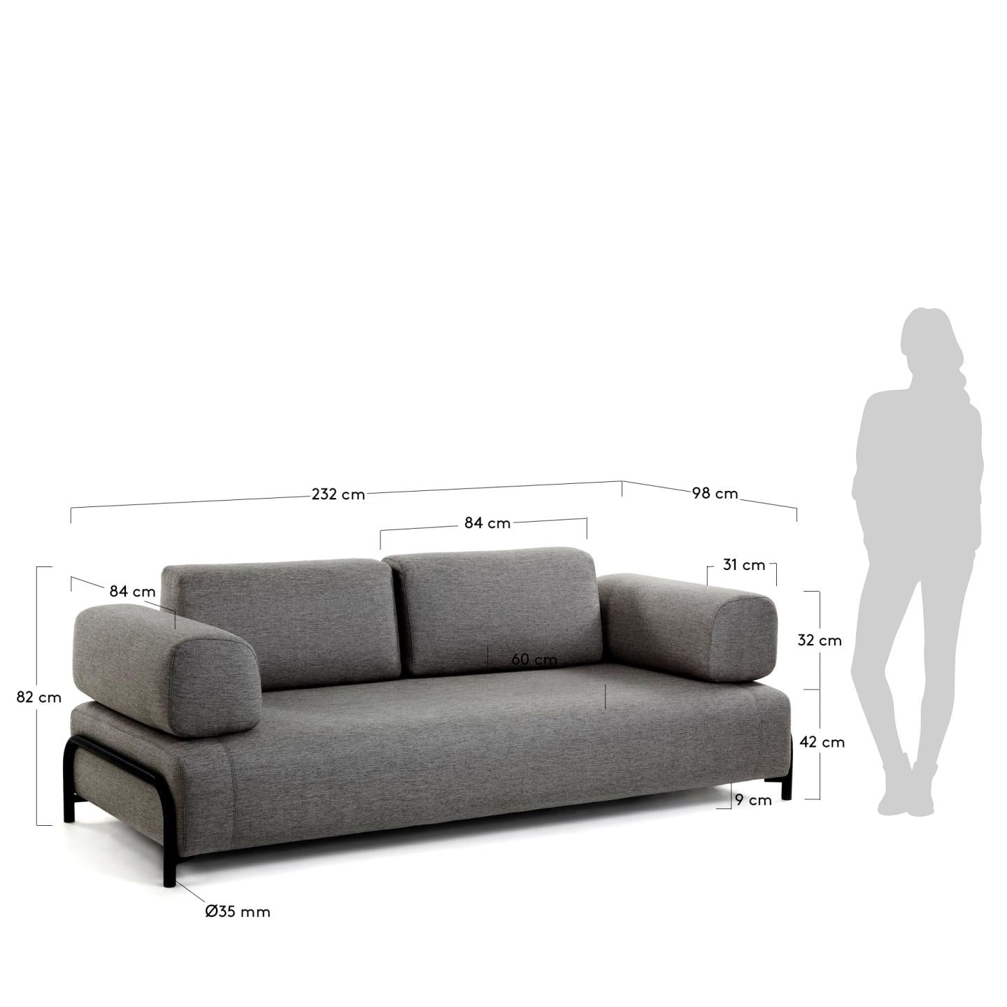 Elegantes 3-Sitzer Sofa in Dunkelgrau, 232 cm breit, mit strapazierfähigem Stoffbezug.