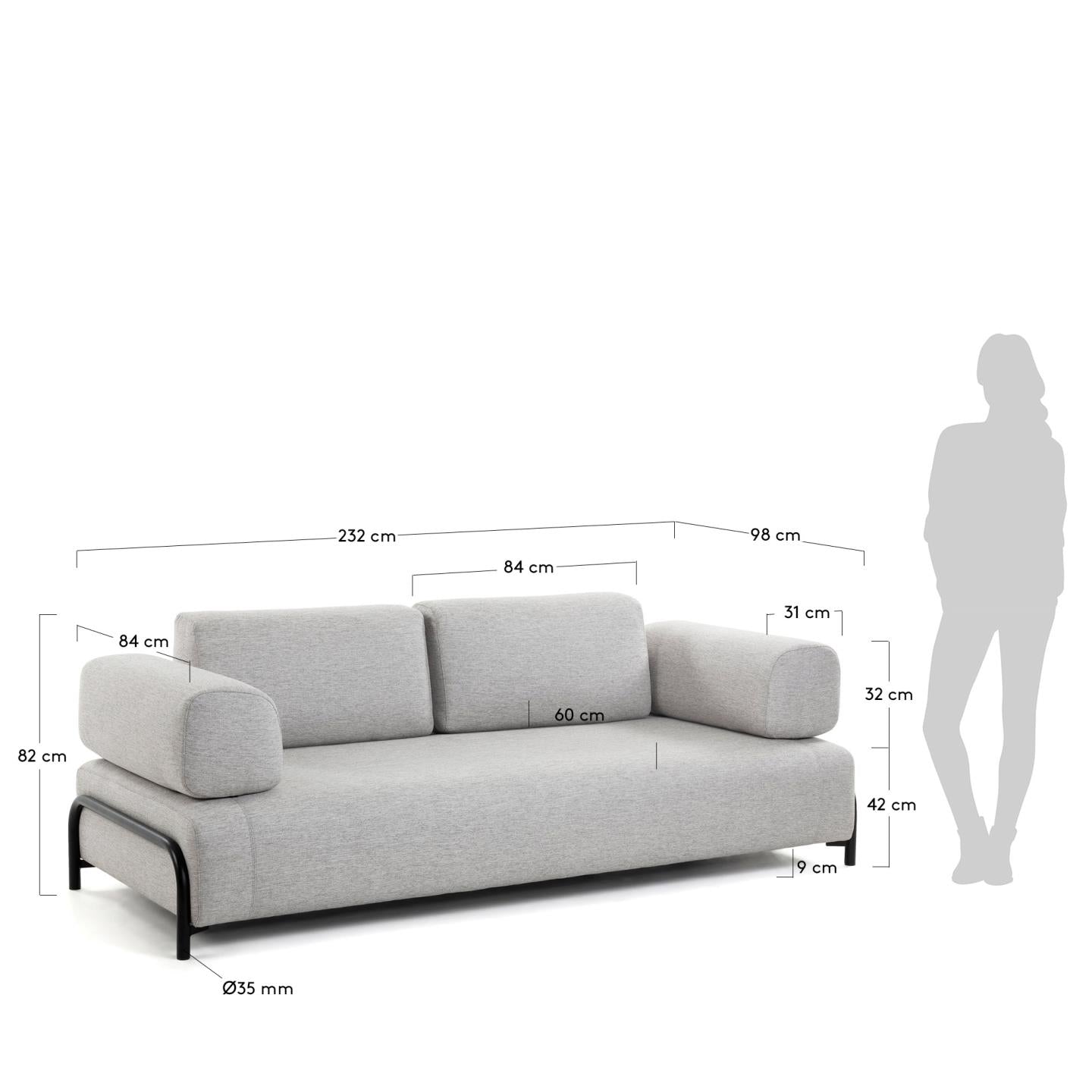 Elegantes hellgraues 3-Sitzer Sofa von Kave Home, 232 cm breit, ideal für modernes Wohnen, komfortabel und stilvoll.