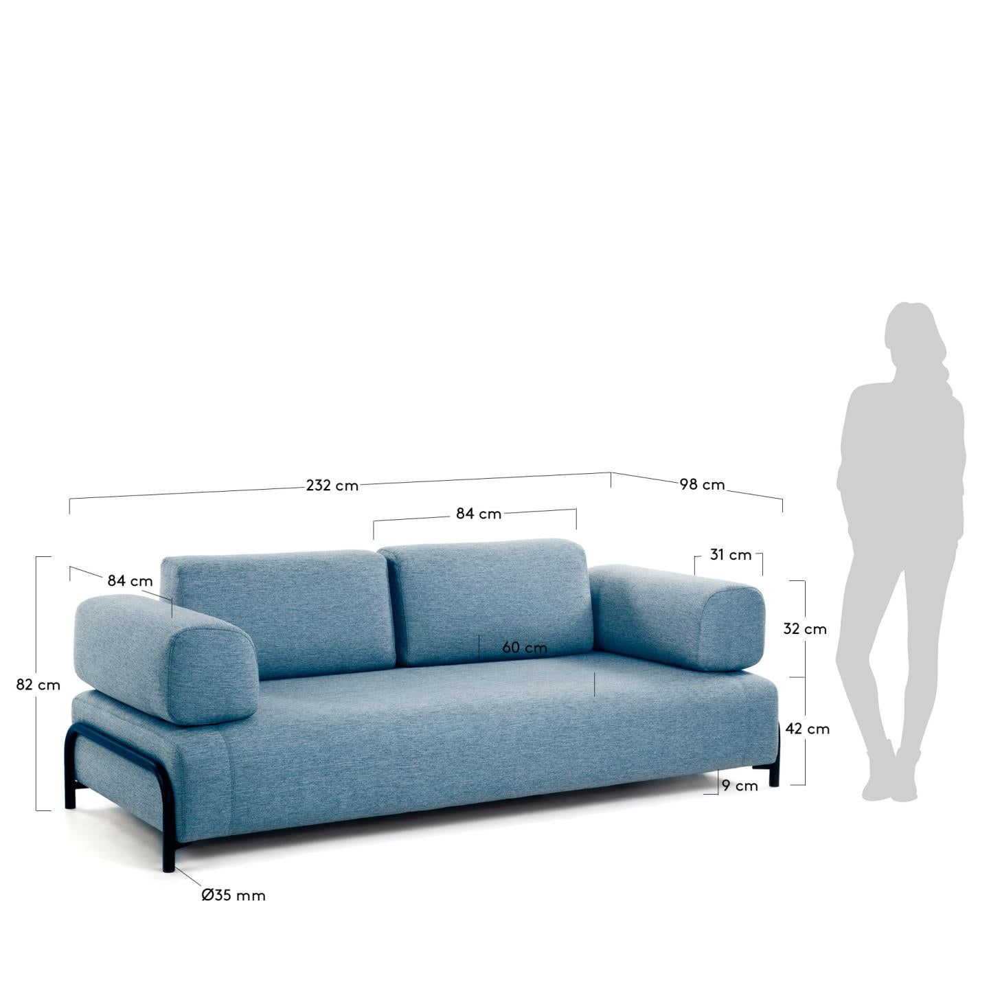 Elegantes blaues Sofa von Kave Home, 232 cm breit, mit hochwertigem Stoffbezug und zeitlosem Design für Komfort und Stil.