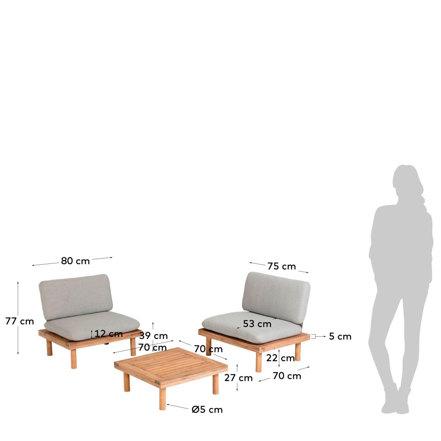 Das Viridis Set: Zwei Sessel und ein Tisch aus robustem Akazienholz, ideal für stilvolle Entspannung im Freien.