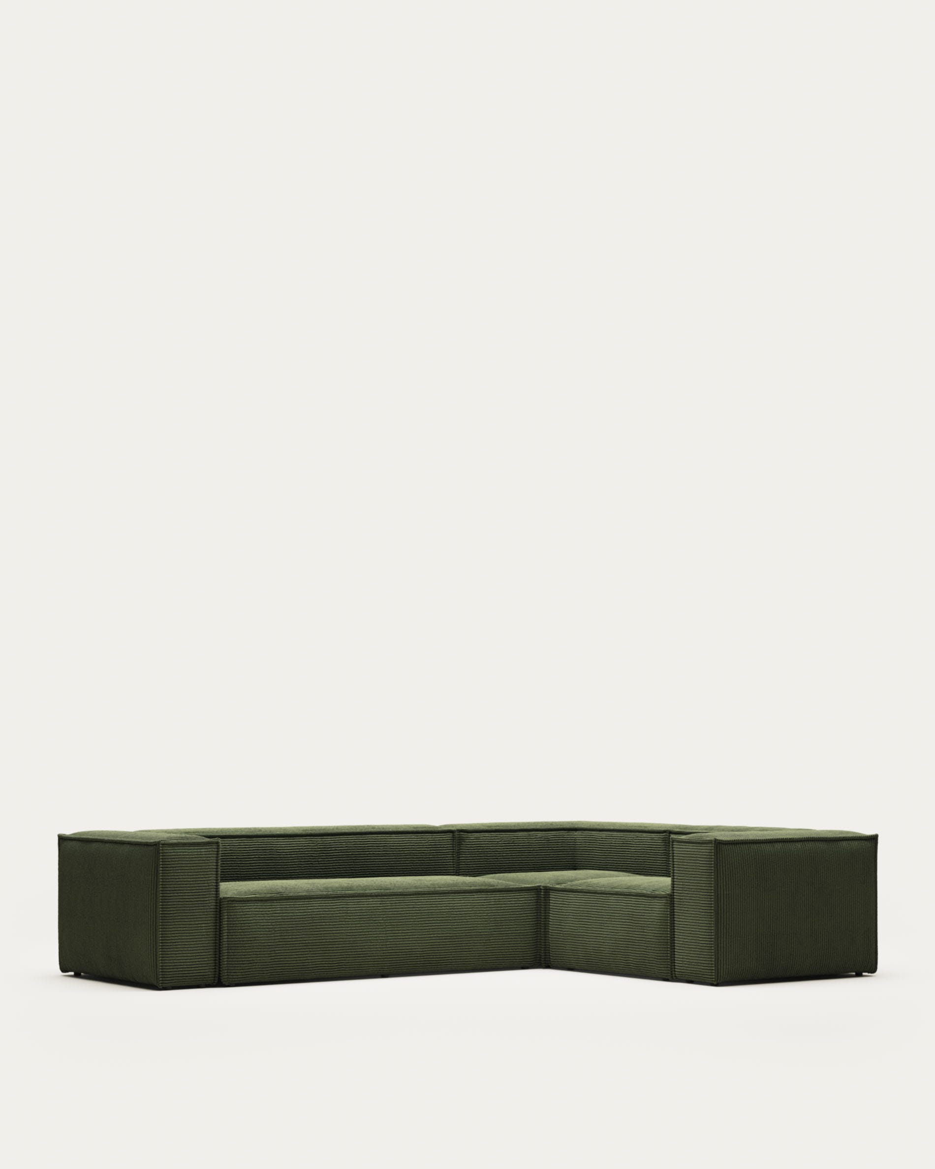 Elegantes Blok 4-Sitzer Ecksofa in grünem Cord, 320x230 cm. Komfort, Stil und Flexibilität für Ihr Wohnzimmer.