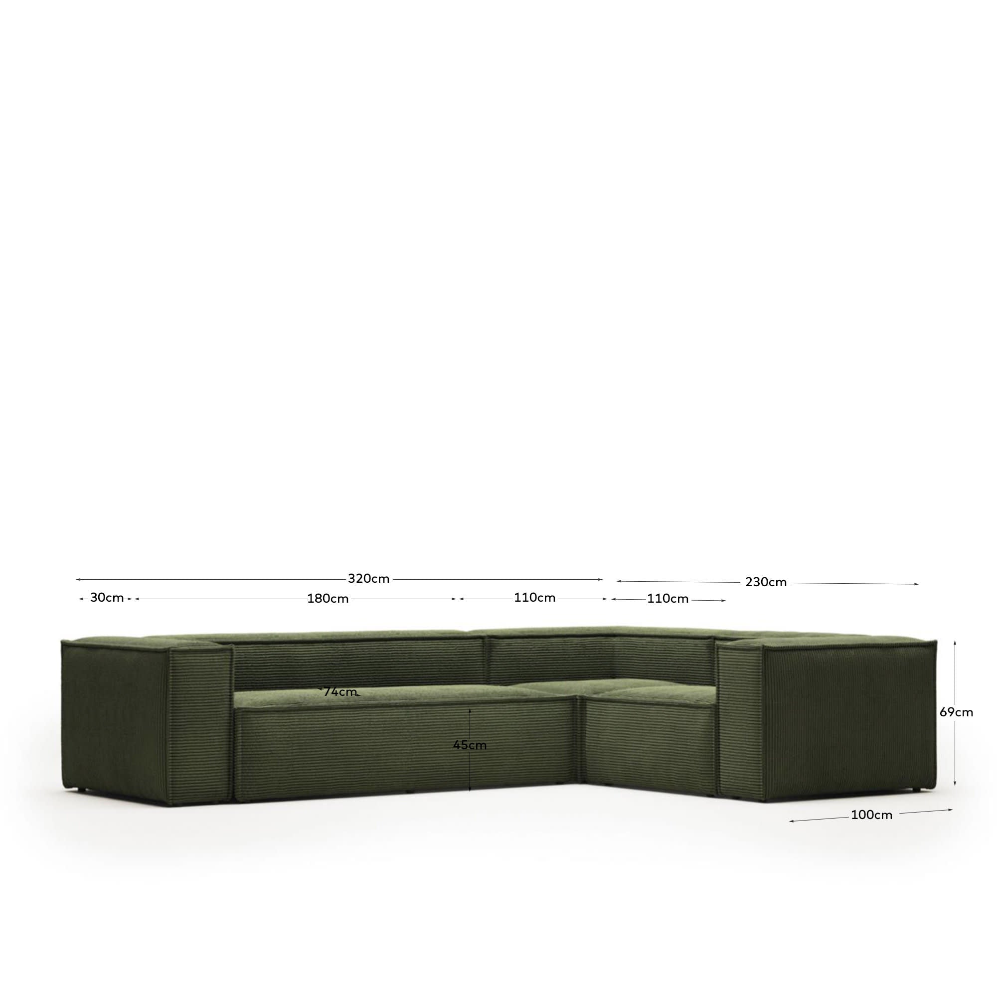 Entdecken Sie das Blok 4-Sitzer Ecksofa in grün von Kave Home – ein stilvolles, komfortables Sofa, das Ihr Wohnzimmer aufwertet.